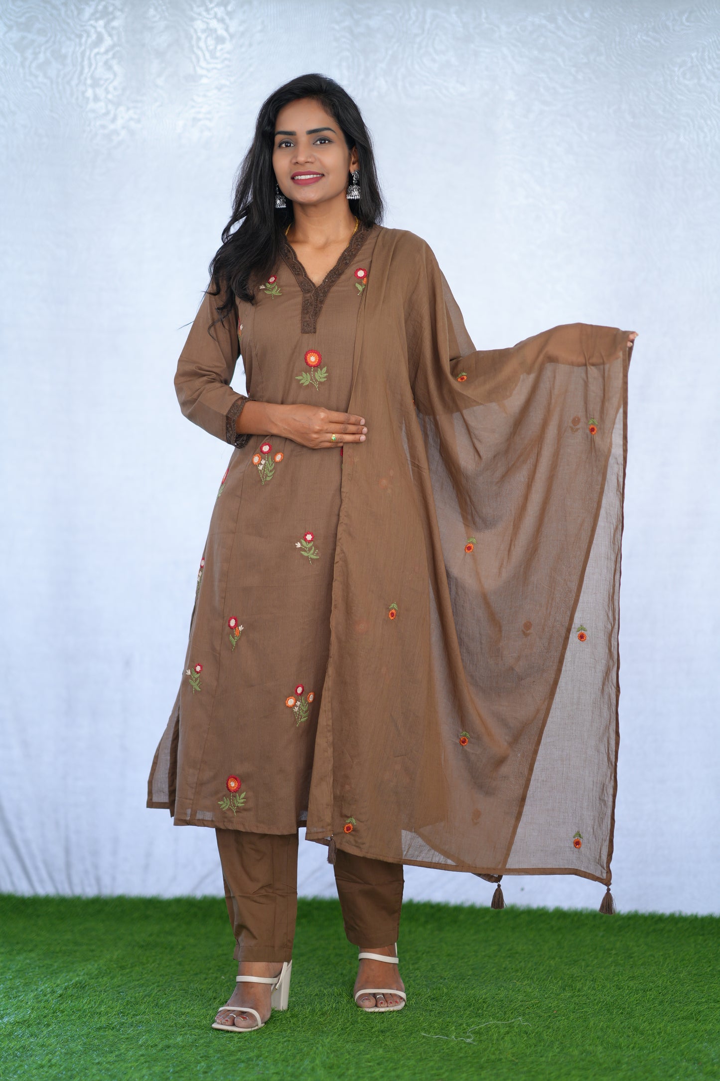 Brown Color Mul Cotton 3 Piece set With Embroidery work and Complete Lining