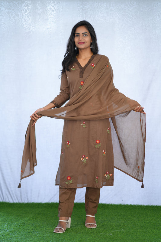 Brown Color Mul Cotton 3 Piece set With Embroidery work and Complete Lining
