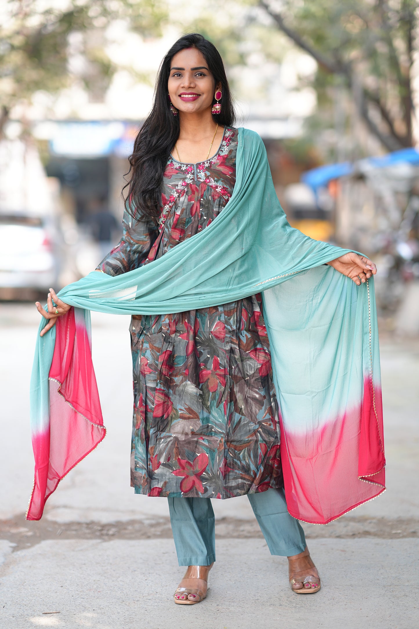 Aqua Green Leaves Print Viscose Fabric 3 Piece Set