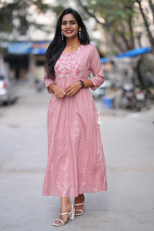 Pink Colour Long Frock With Embroidery Work