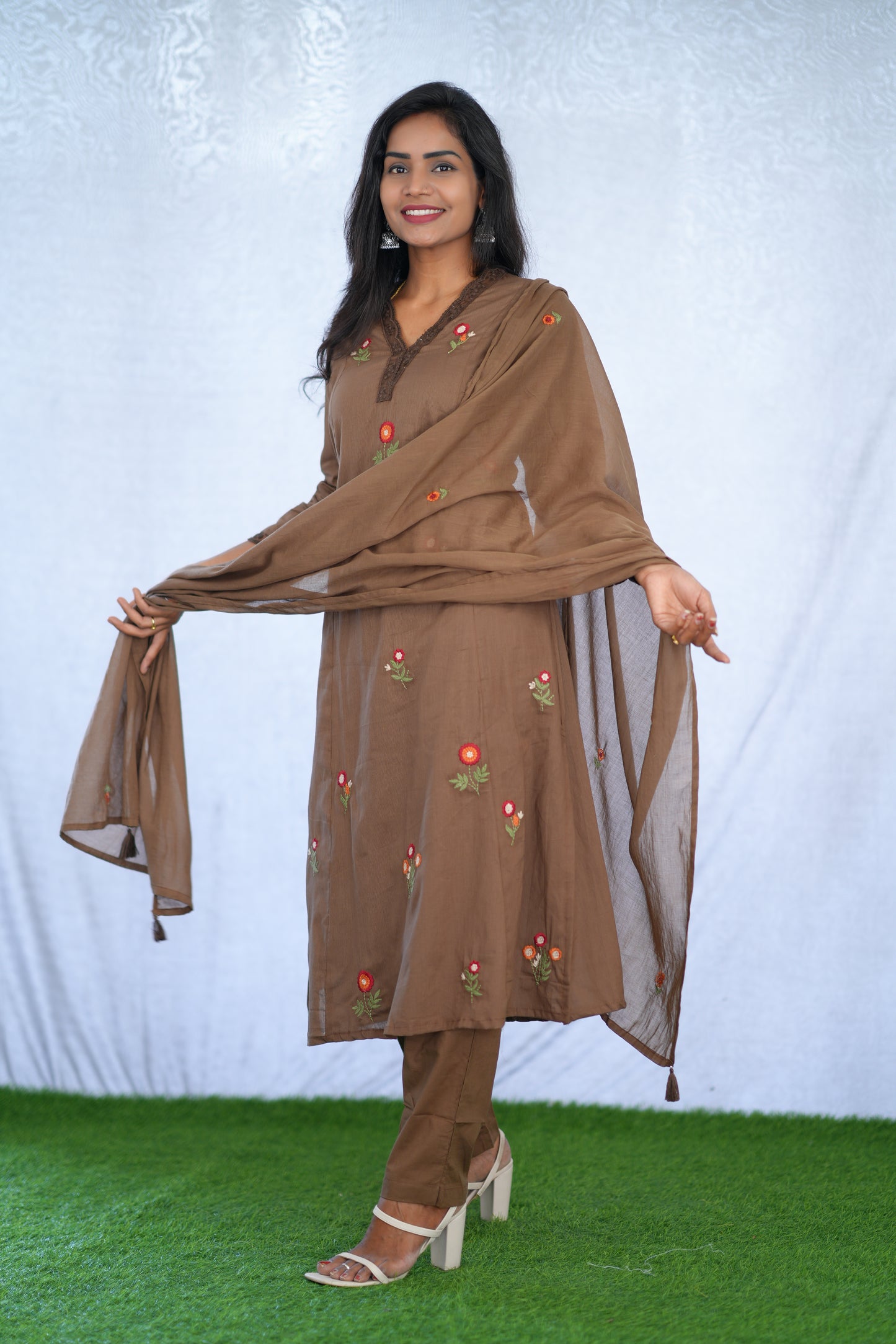 Brown Color Mul Cotton 3 Piece set With Embroidery work and Complete Lining