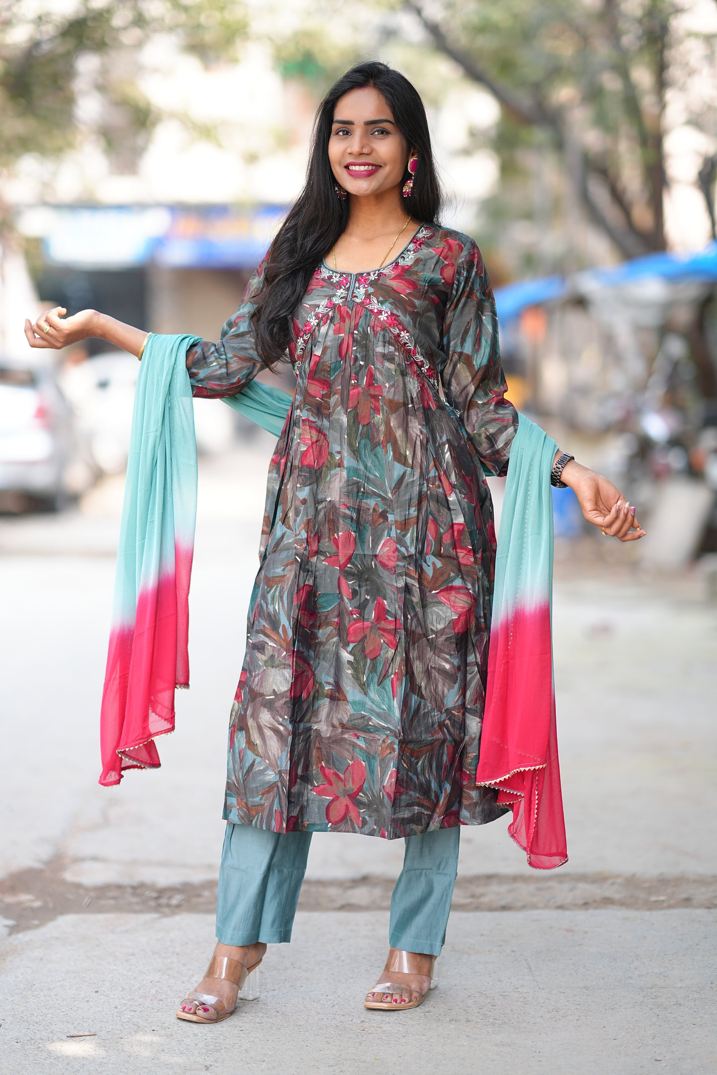 Aqua Green Leaves Print Viscose Fabric 3 Piece Set