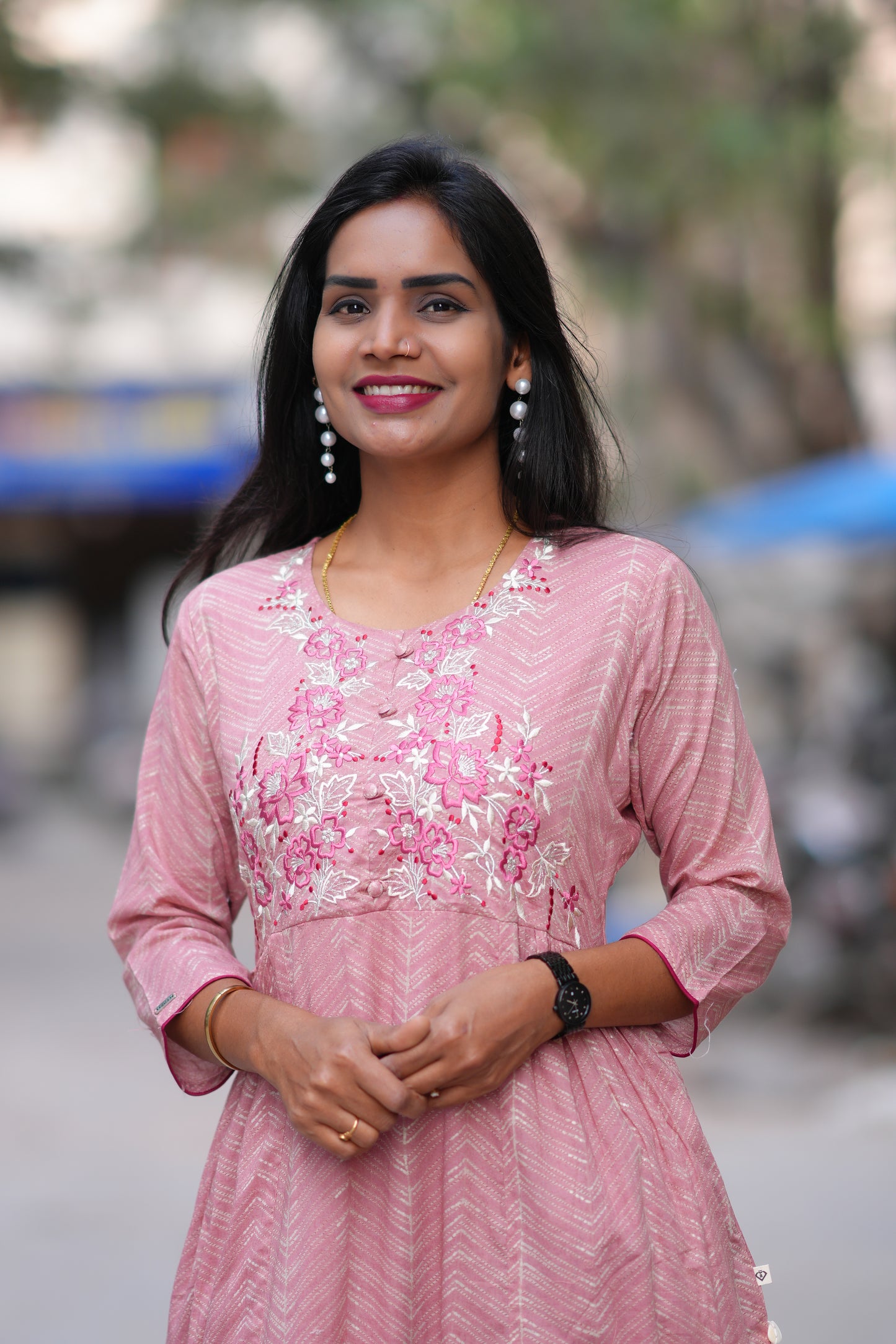 Pink Colour Long Frock With Embroidery Work
