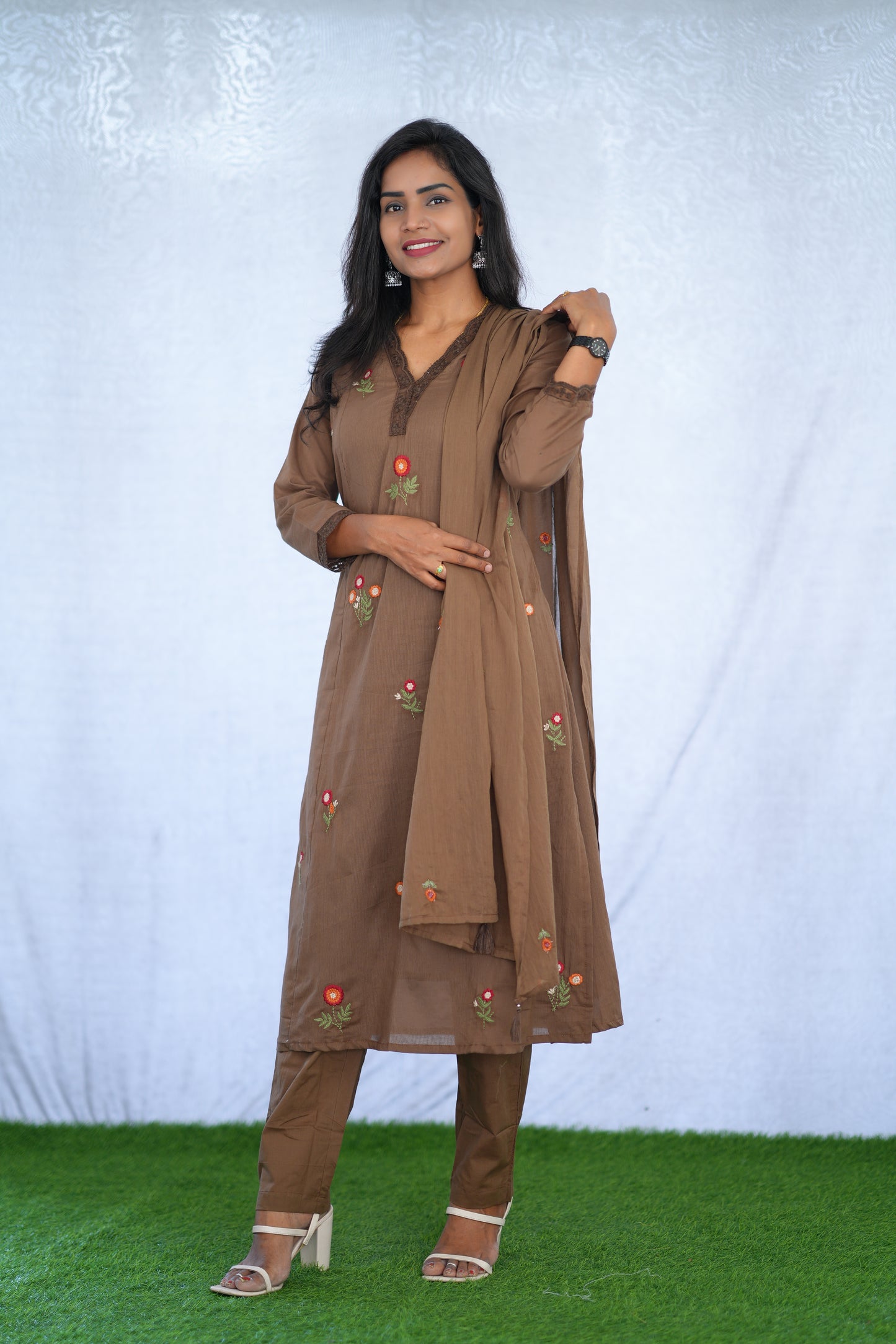 Brown Color Mul Cotton 3 Piece set With Embroidery work and Complete Lining