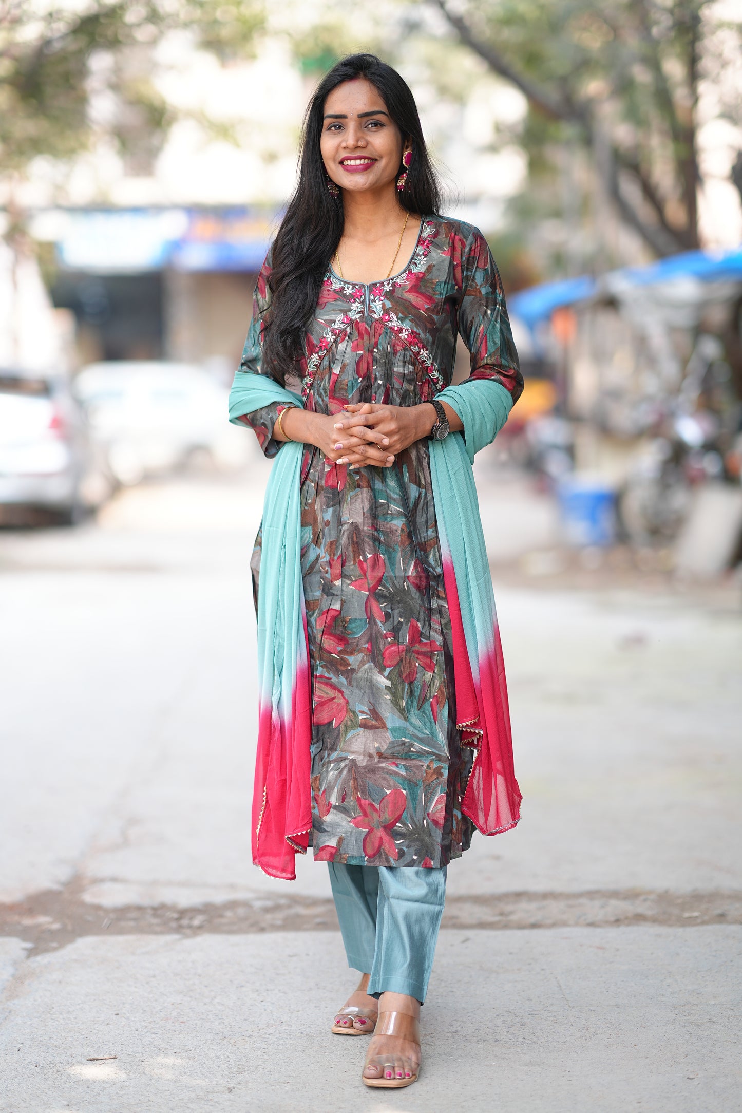 Aqua Green Leaves Print Viscose Fabric 3 Piece Set