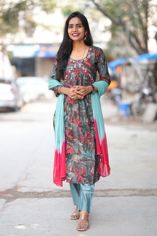 Aqua Green Leaves Print Viscose Fabric 3 Piece Set