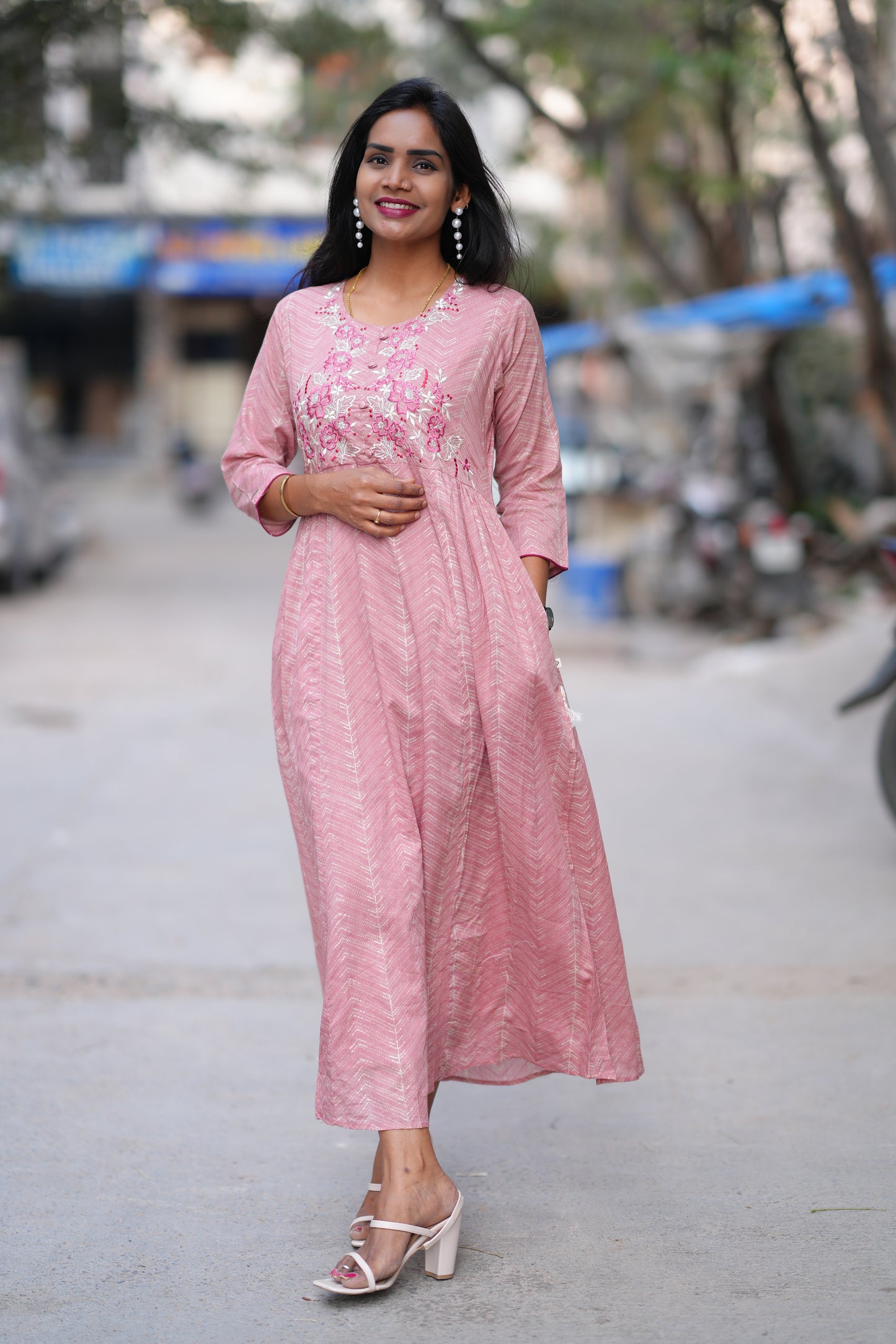 Pink Colour Long Frock With Embroidery Work