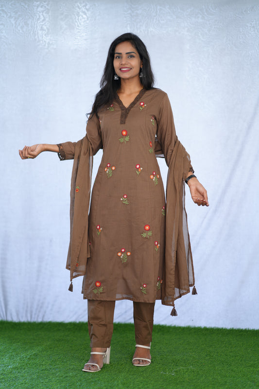 Brown Color Mul Cotton 3 Piece set With Embroidery work and Complete Lining