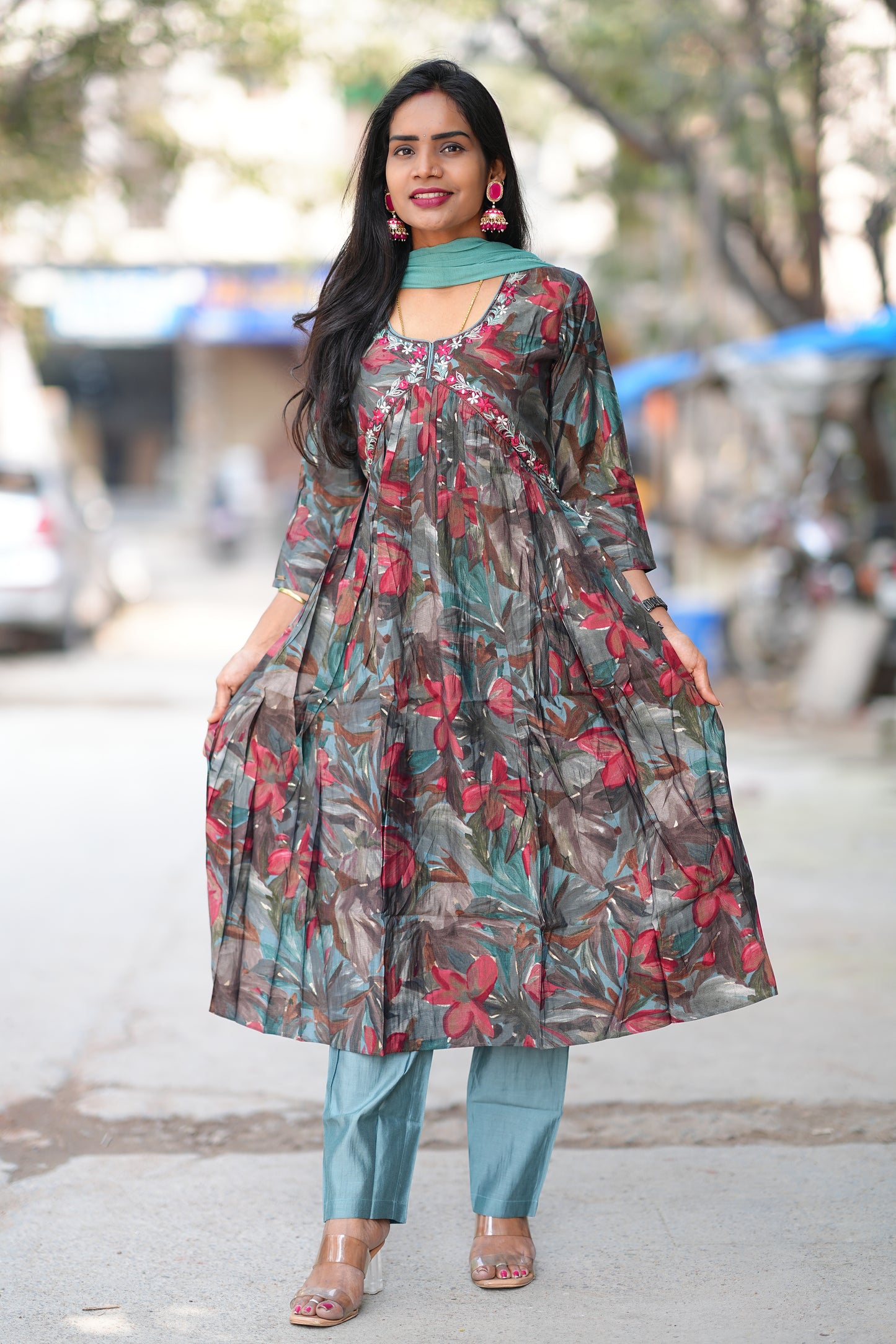 Aqua Green Leaves Print Viscose Fabric 3 Piece Set