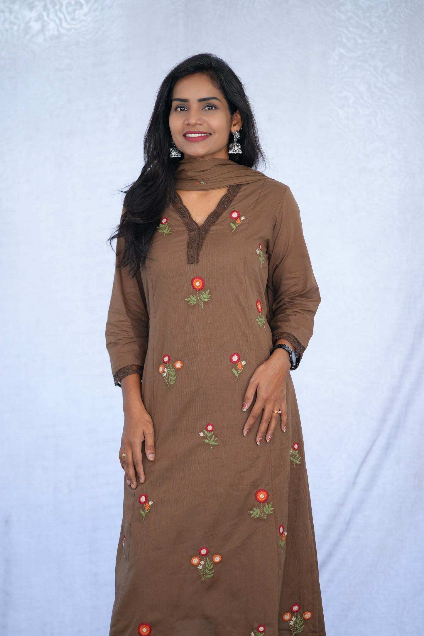Brown Color Mul Cotton 3 Piece set With Embroidery work and Complete Lining