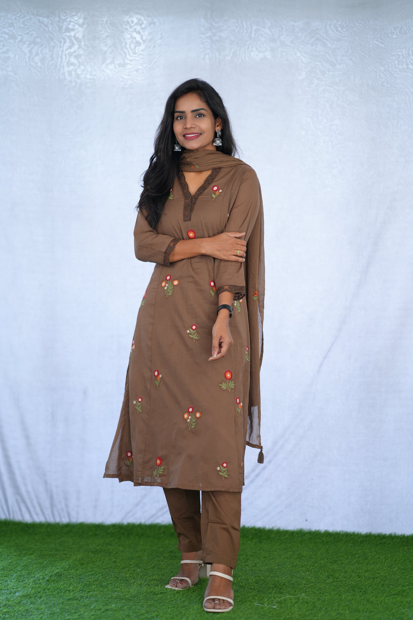 Brown Color Mul Cotton 3 Piece set With Embroidery work and Complete Lining