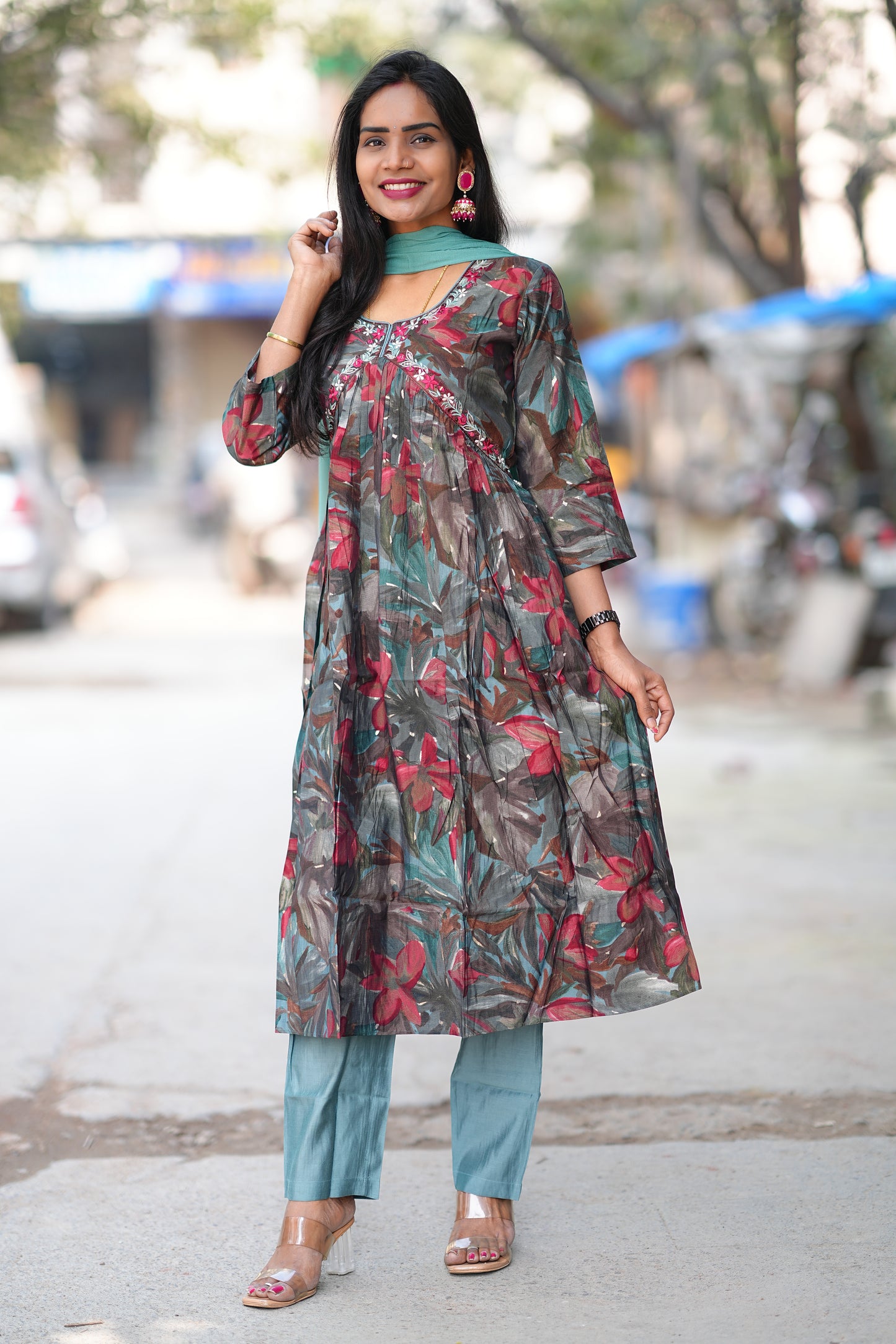 Aqua Green Leaves Print Viscose Fabric 3 Piece Set