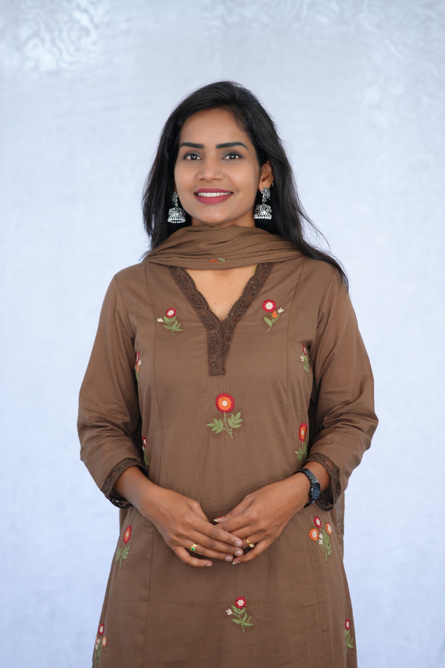 Brown Color Mul Cotton 3 Piece set With Embroidery work and Complete Lining