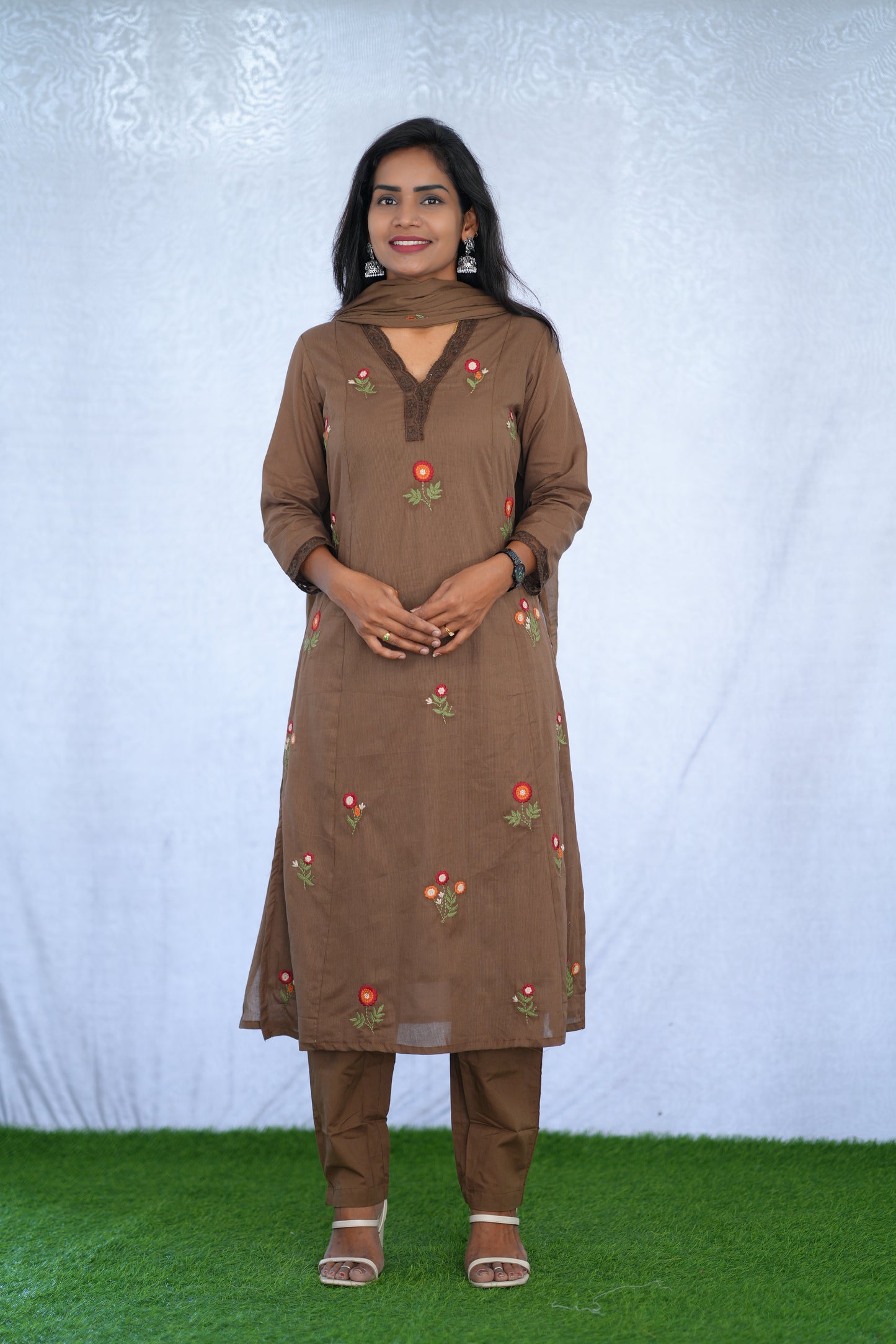 Brown Color Mul Cotton 3 Piece set With Embroidery work and Complete Lining