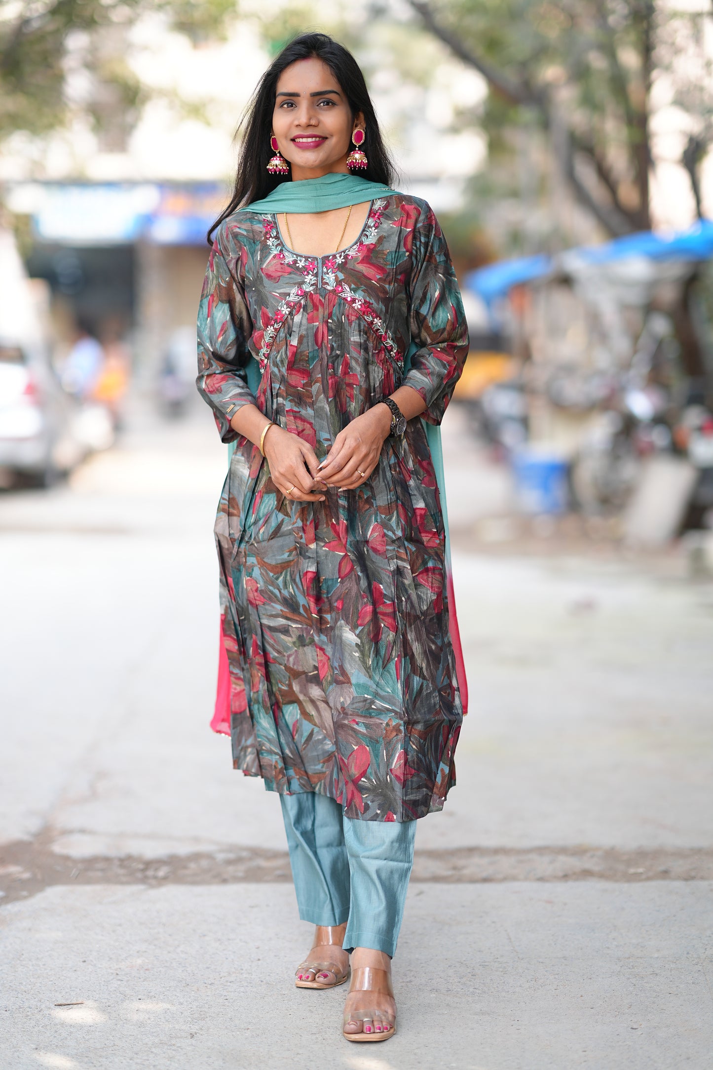 Aqua Green Leaves Print Viscose Fabric 3 Piece Set