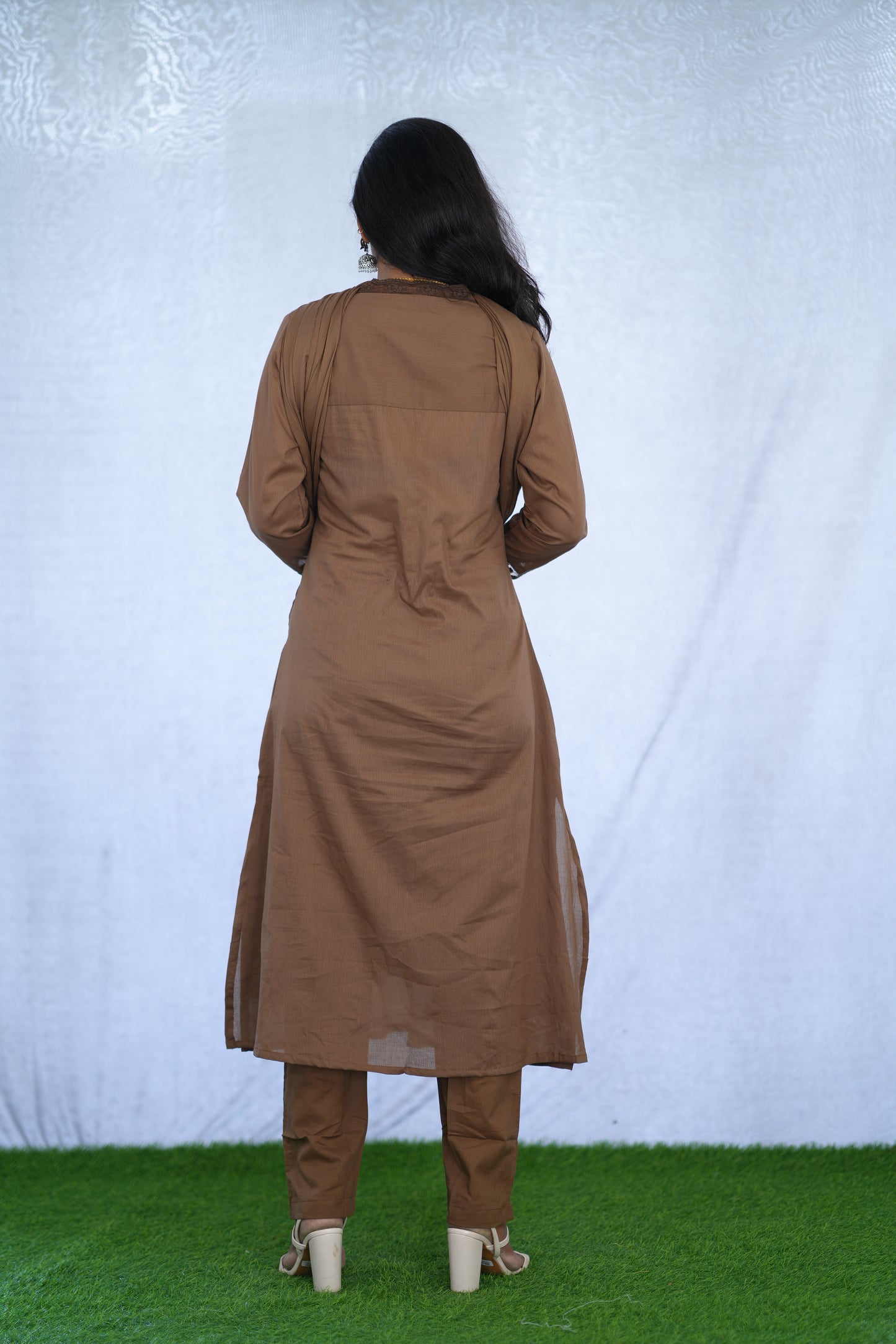 Brown Color Mul Cotton 3 Piece set With Embroidery work and Complete Lining