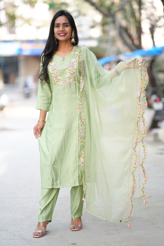 Green Color Festive Wear 3 Piece Set With Designer Dupatta in Viscose Fabric