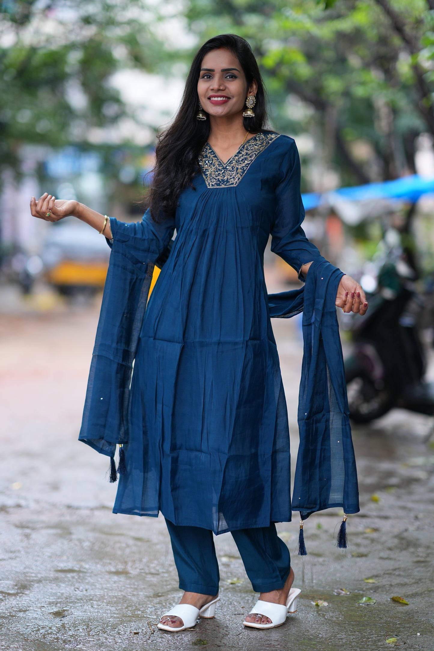 Rama Blue Color Mul Chandheri A Line 3 Piece Set