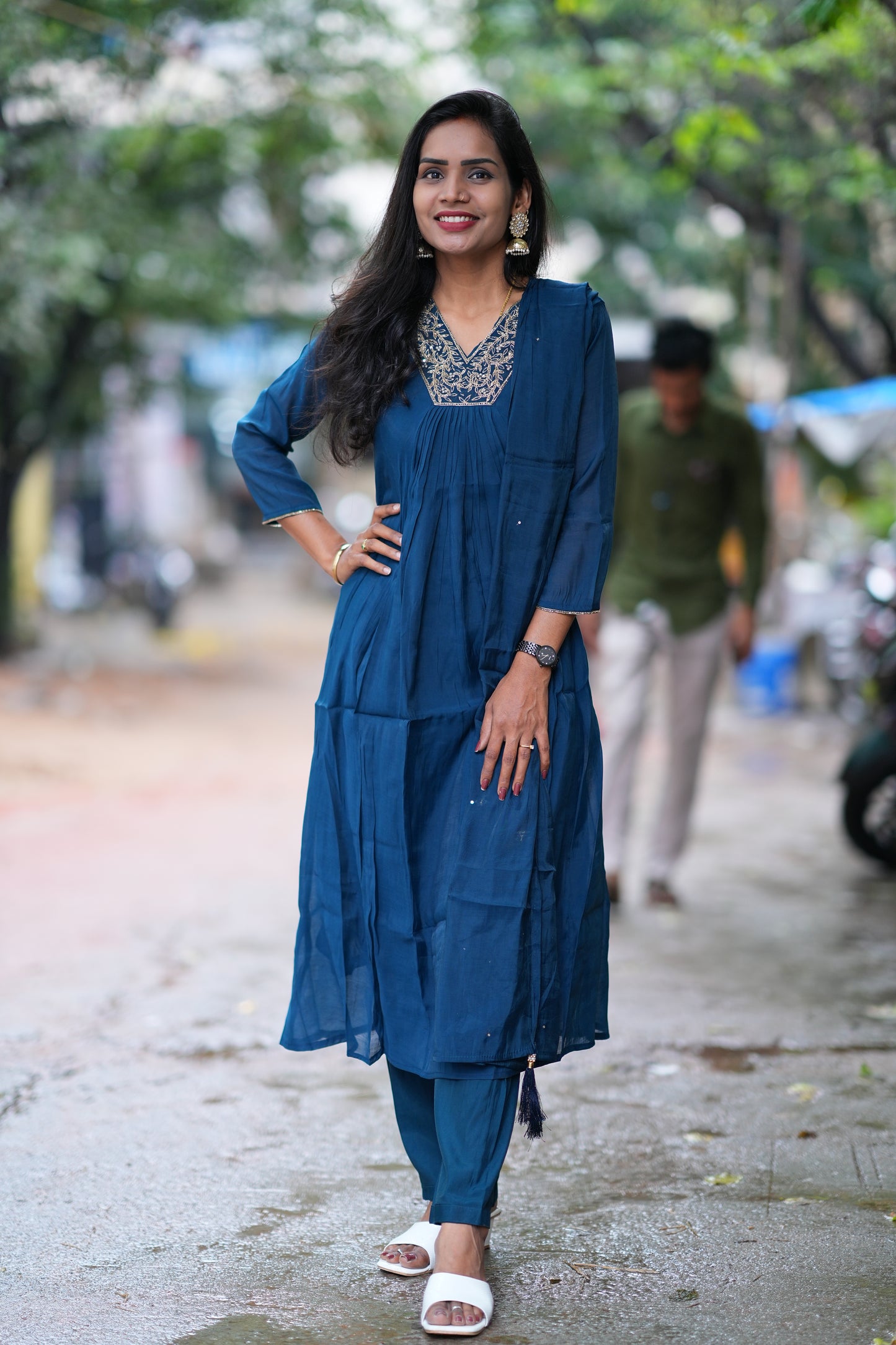 Rama Blue Color Mul Chandheri A Line 3 Piece Set