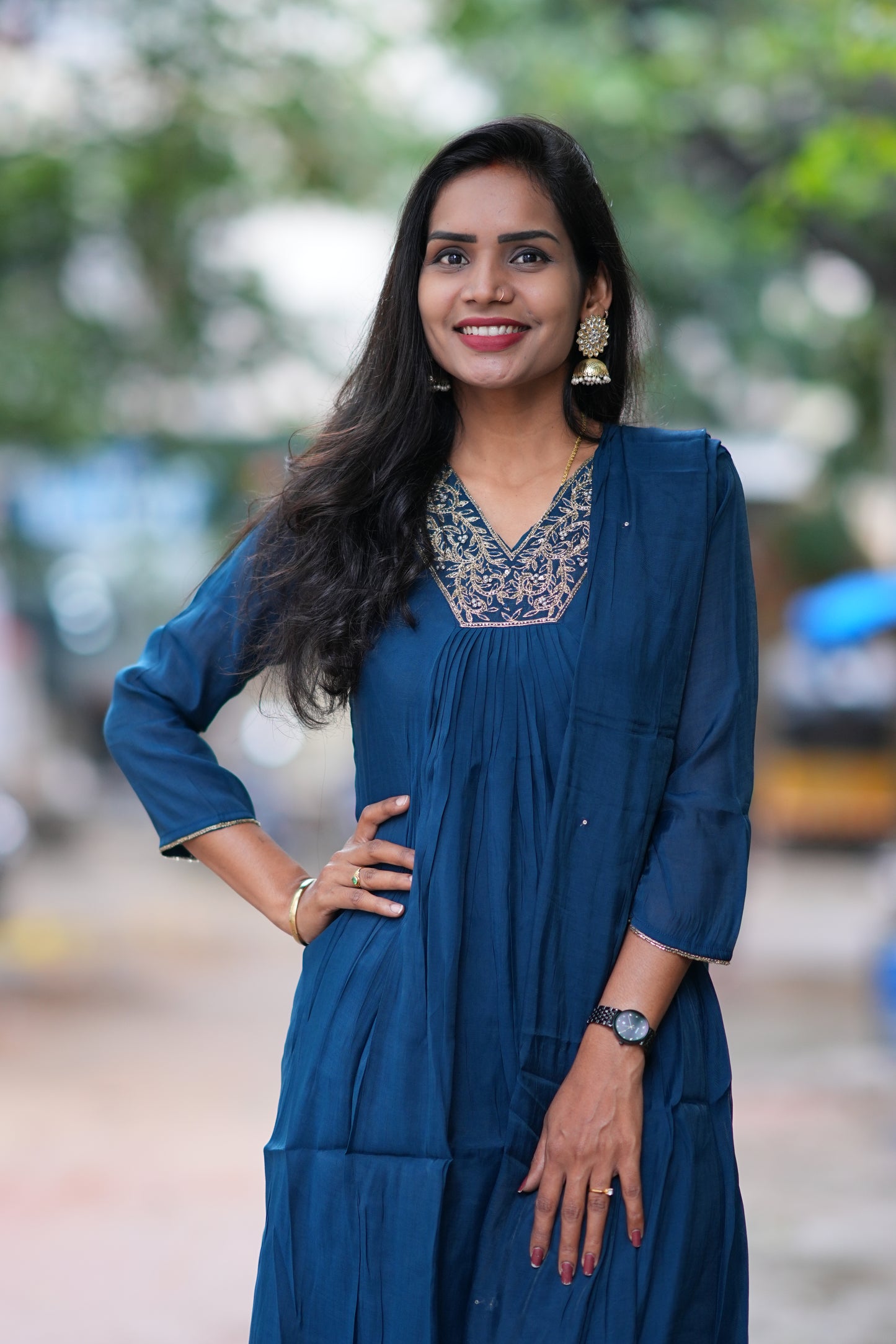 Rama Blue Color Mul Chandheri A Line 3 Piece Set