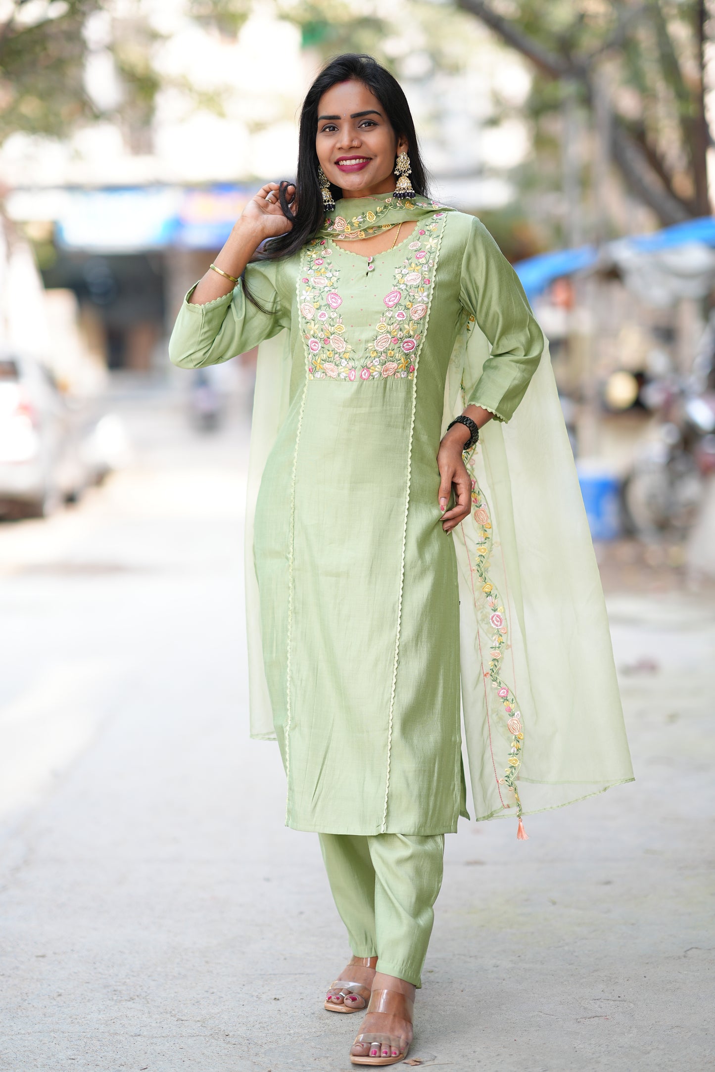 Green Color Festive Wear 3 Piece Set With Designer Dupatta in Viscose Fabric