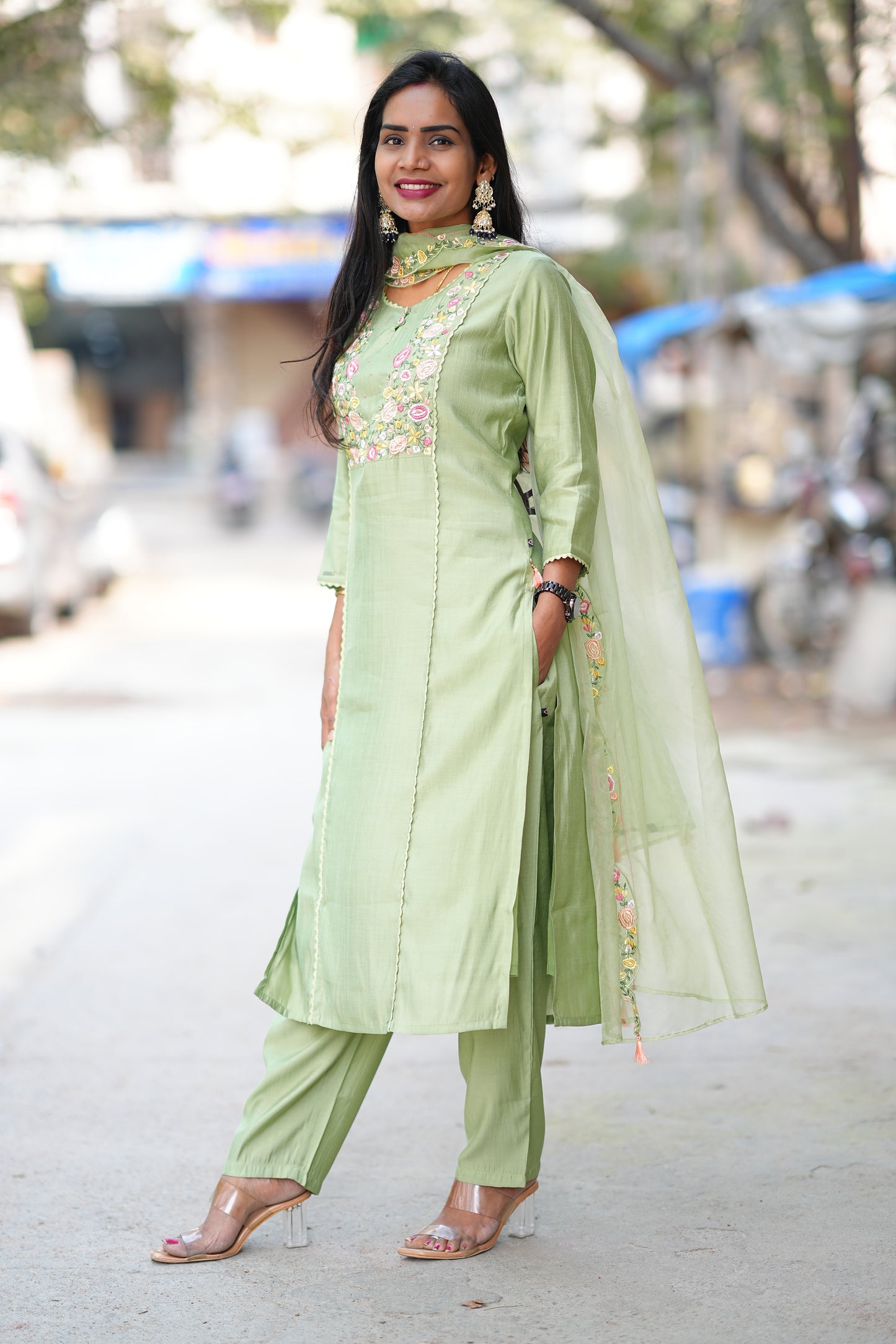 Green Color Festive Wear 3 Piece Set With Designer Dupatta in Viscose Fabric
