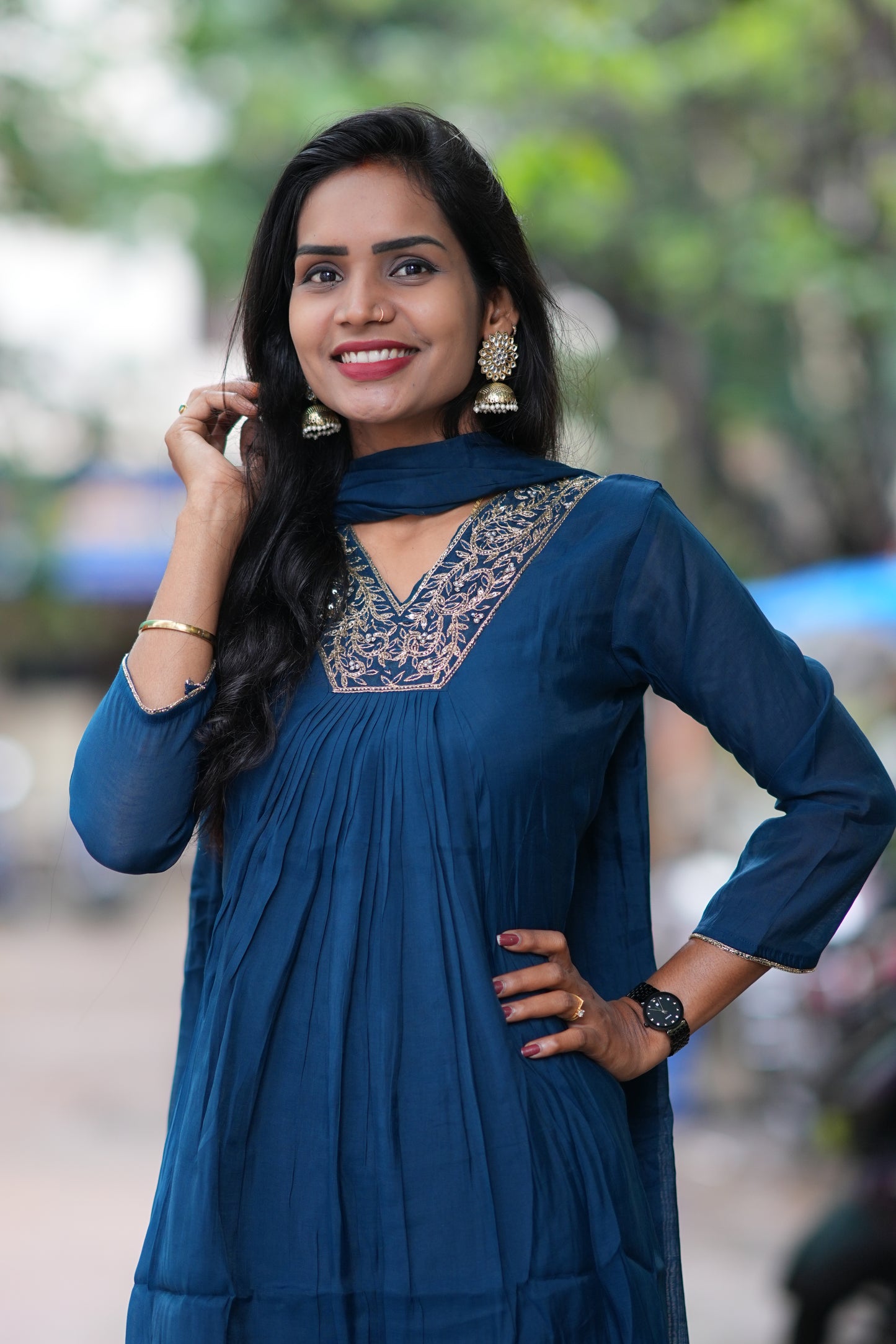 Rama Blue Color Mul Chandheri A Line 3 Piece Set
