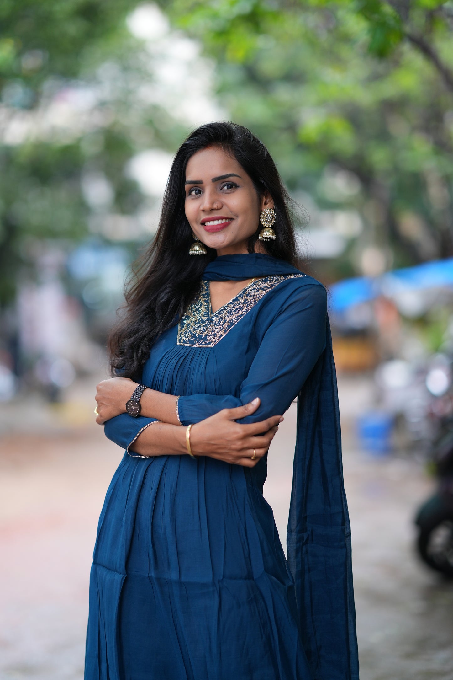 Rama Blue Color Mul Chandheri A Line 3 Piece Set