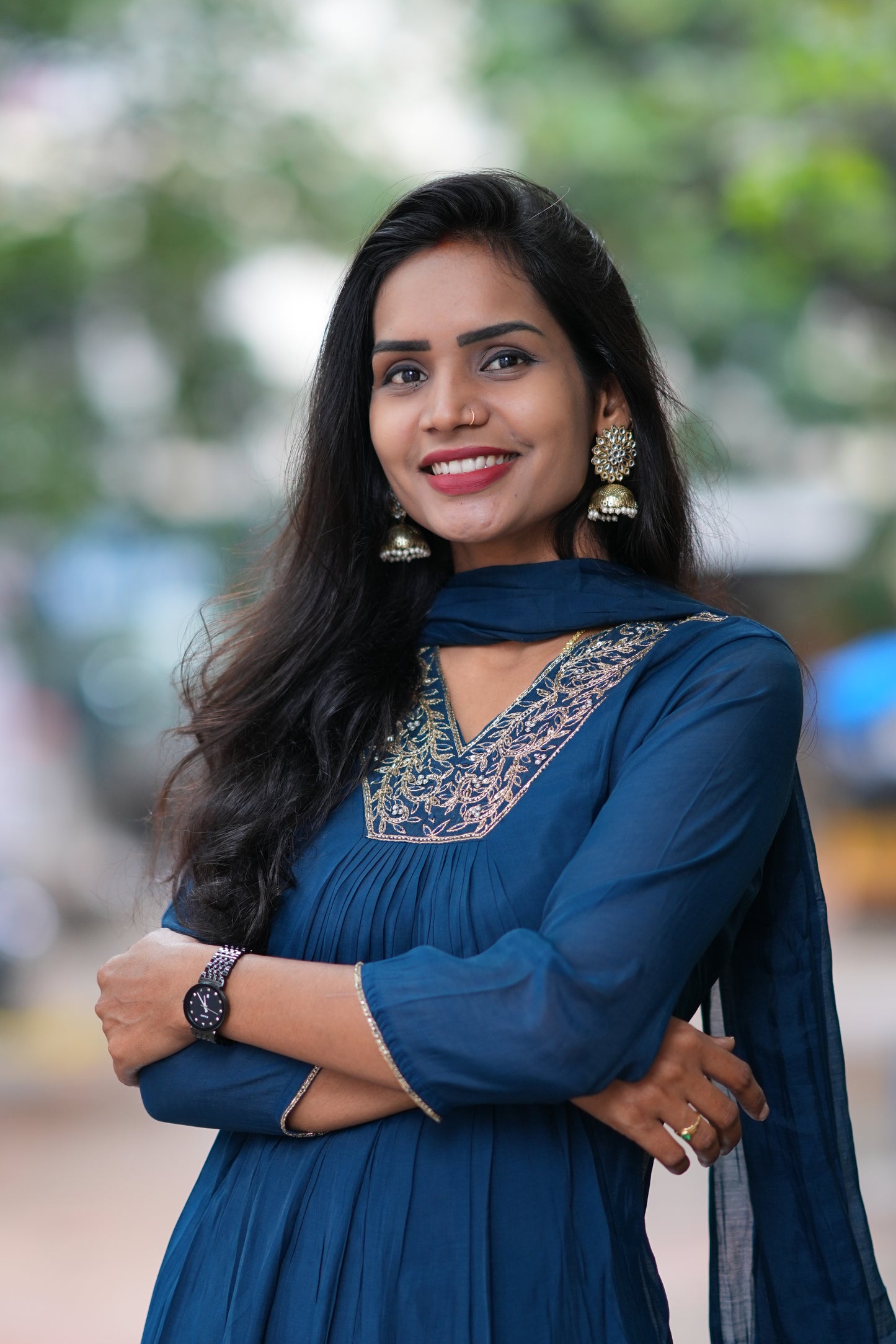 Rama Blue Color Mul Chandheri A Line 3 Piece Set