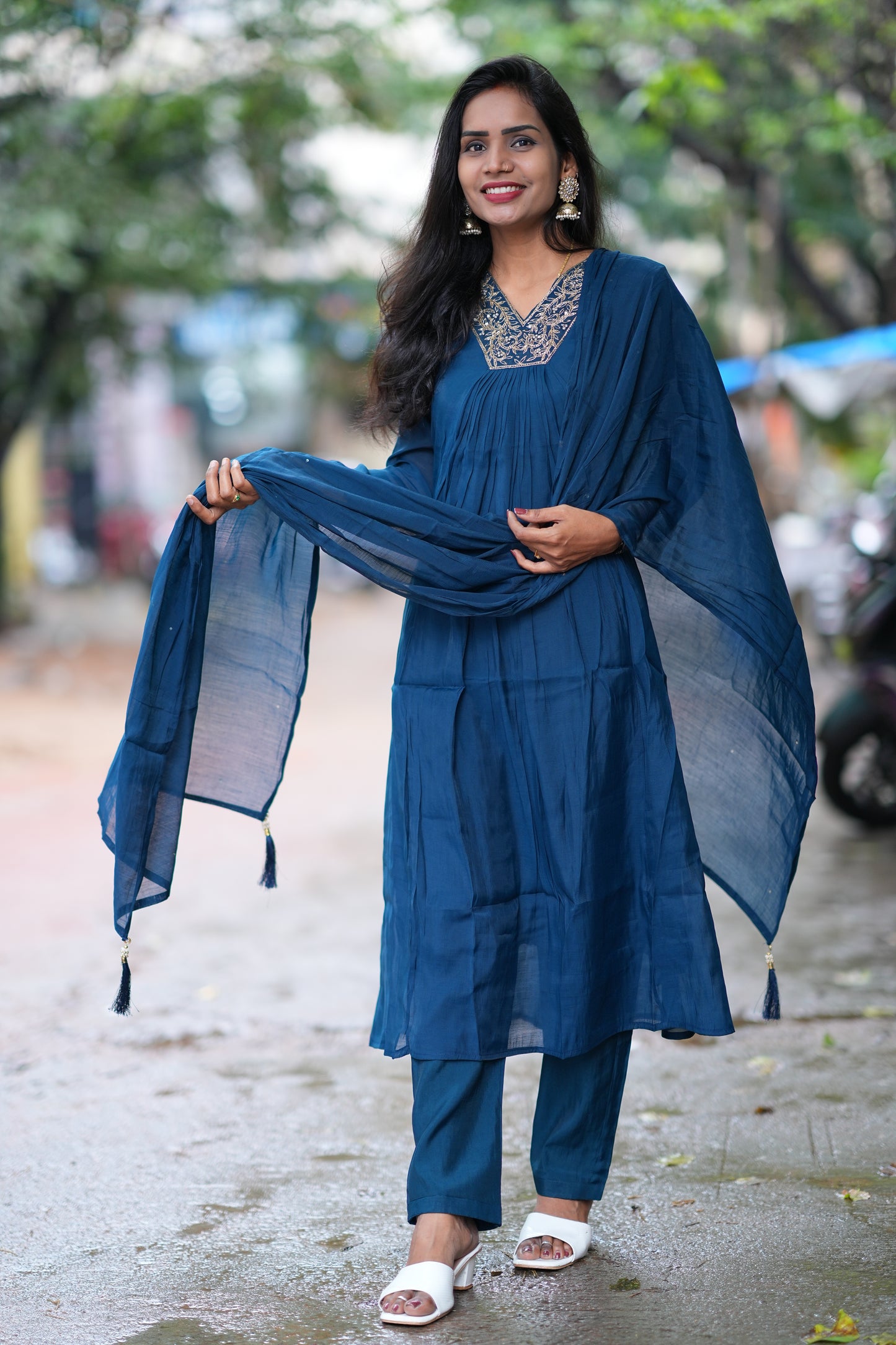 Rama Blue Color Mul Chandheri A Line 3 Piece Set