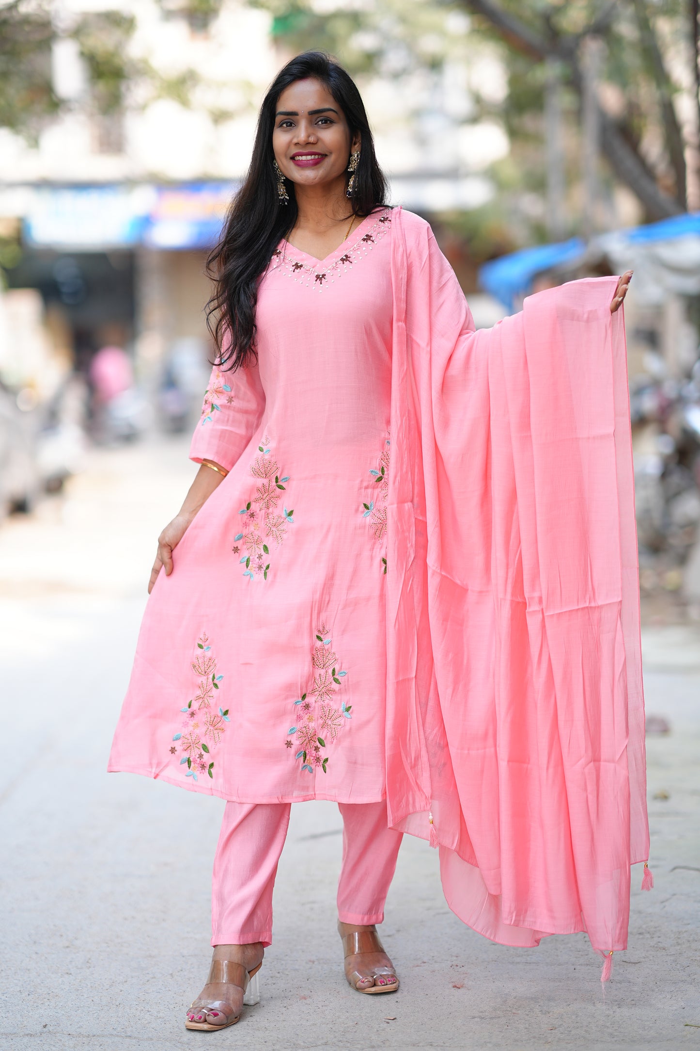 Pink Color Mul Chanderi 3 Festive Wear 3 Piece Set With Full Lining