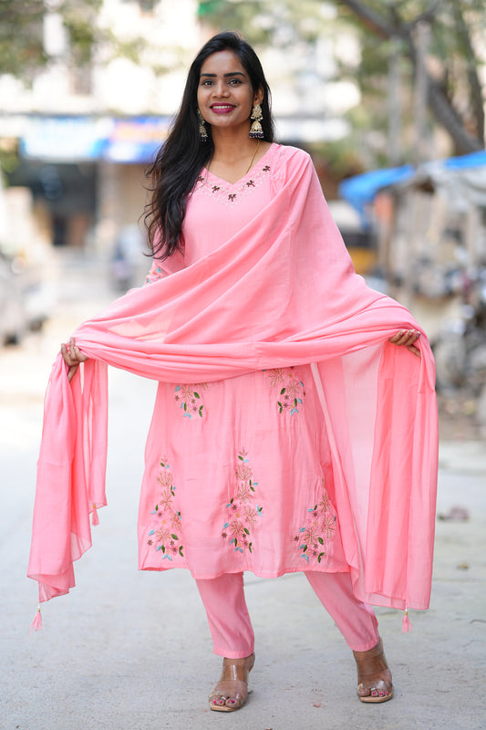 Pink Color Mul Chanderi 3 Festive Wear 3 Piece Set With Full Lining