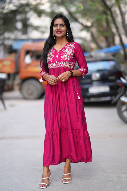 Red Color Viscose Fabric Long Frock With Embroidery Work