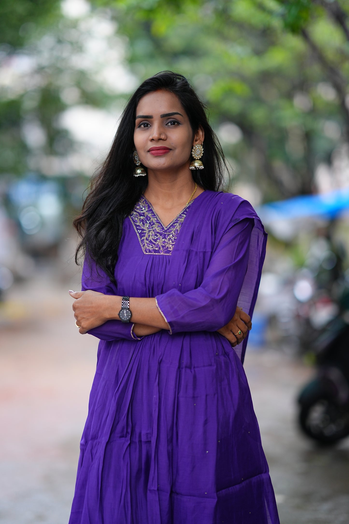 Purple Color Mul Chandheri A Line 3 Piece Set