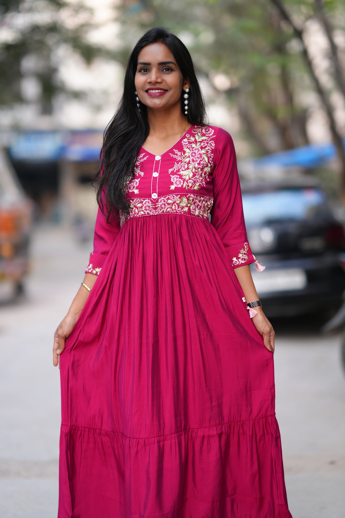 Red Color Viscose Fabric Long Frock With Embroidery Work