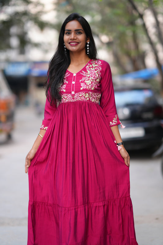 Red Color Viscose Fabric Long Frock With Embroidery Work