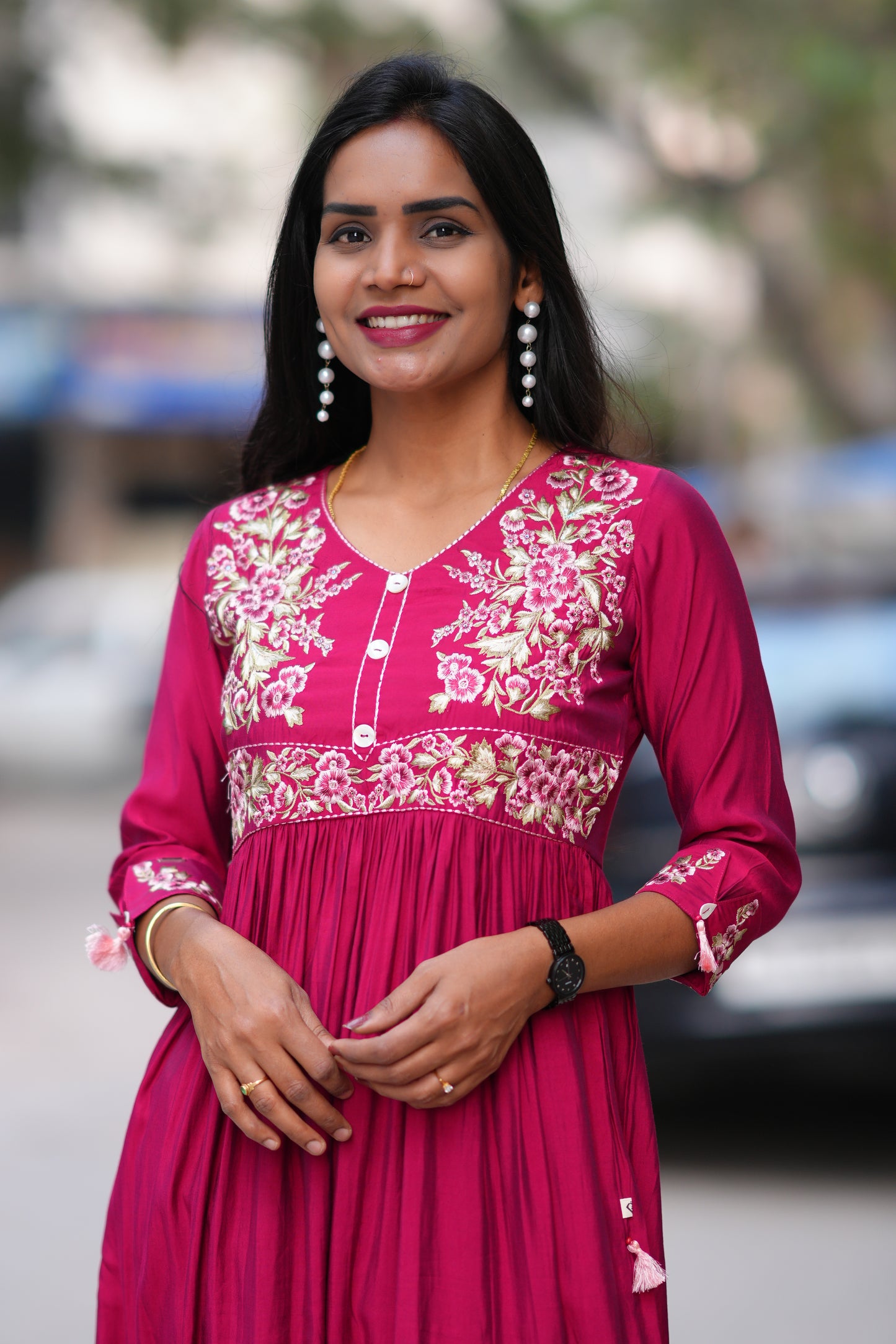 Red Color Viscose Fabric Long Frock With Embroidery Work