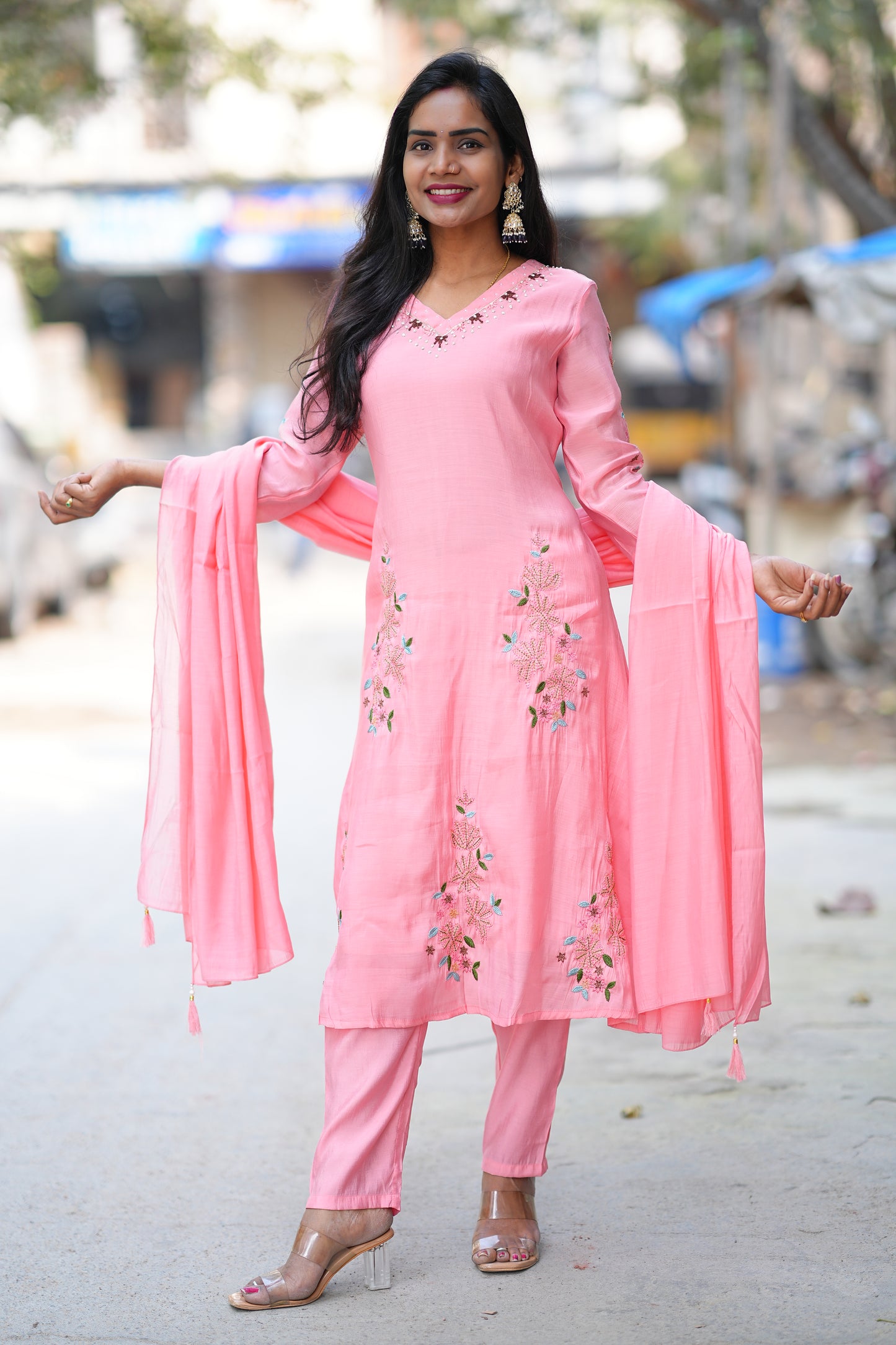 Pink Color Mul Chanderi 3 Festive Wear 3 Piece Set With Full Lining