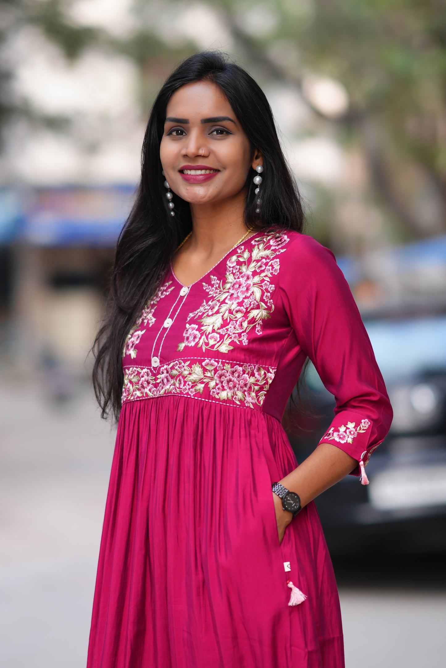 Red Color Viscose Fabric Long Frock With Embroidery Work