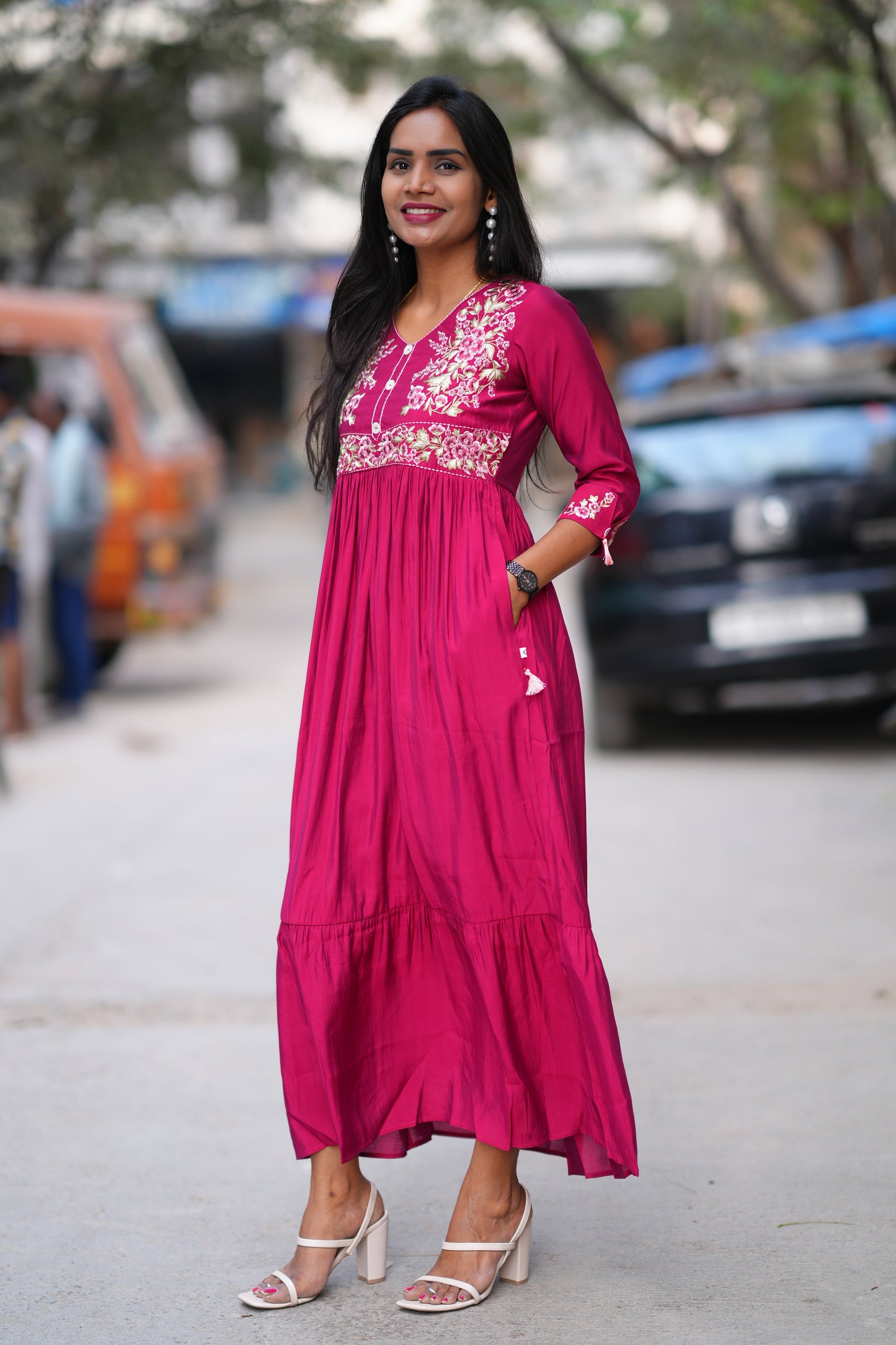 Red Color Viscose Fabric Long Frock With Embroidery Work