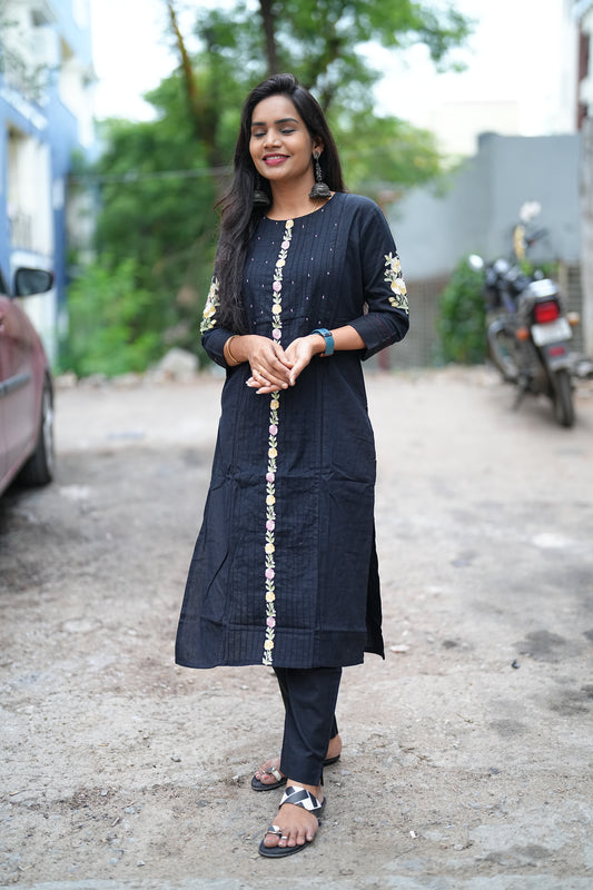 Black Color Heavy Jaipur Cotton Cordset With Thread Embroidary Work