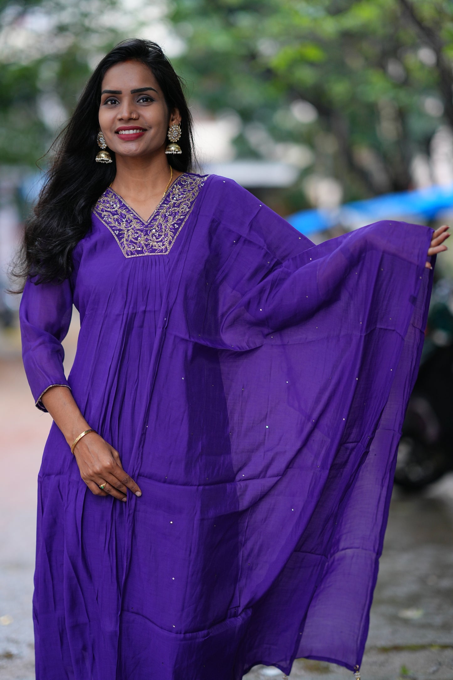 Purple Color Mul Chandheri A Line 3 Piece Set