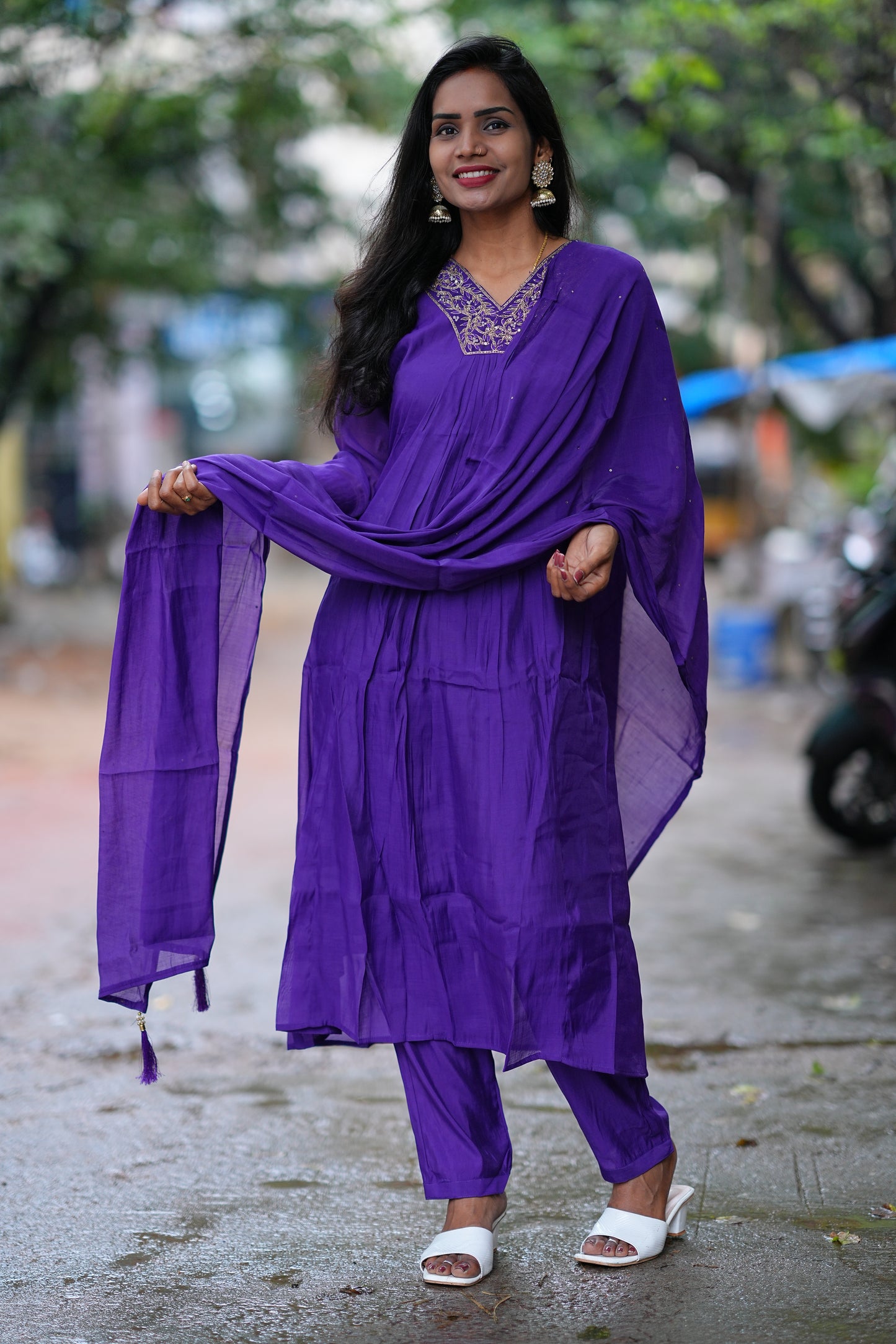 Purple Color Mul Chandheri A Line 3 Piece Set