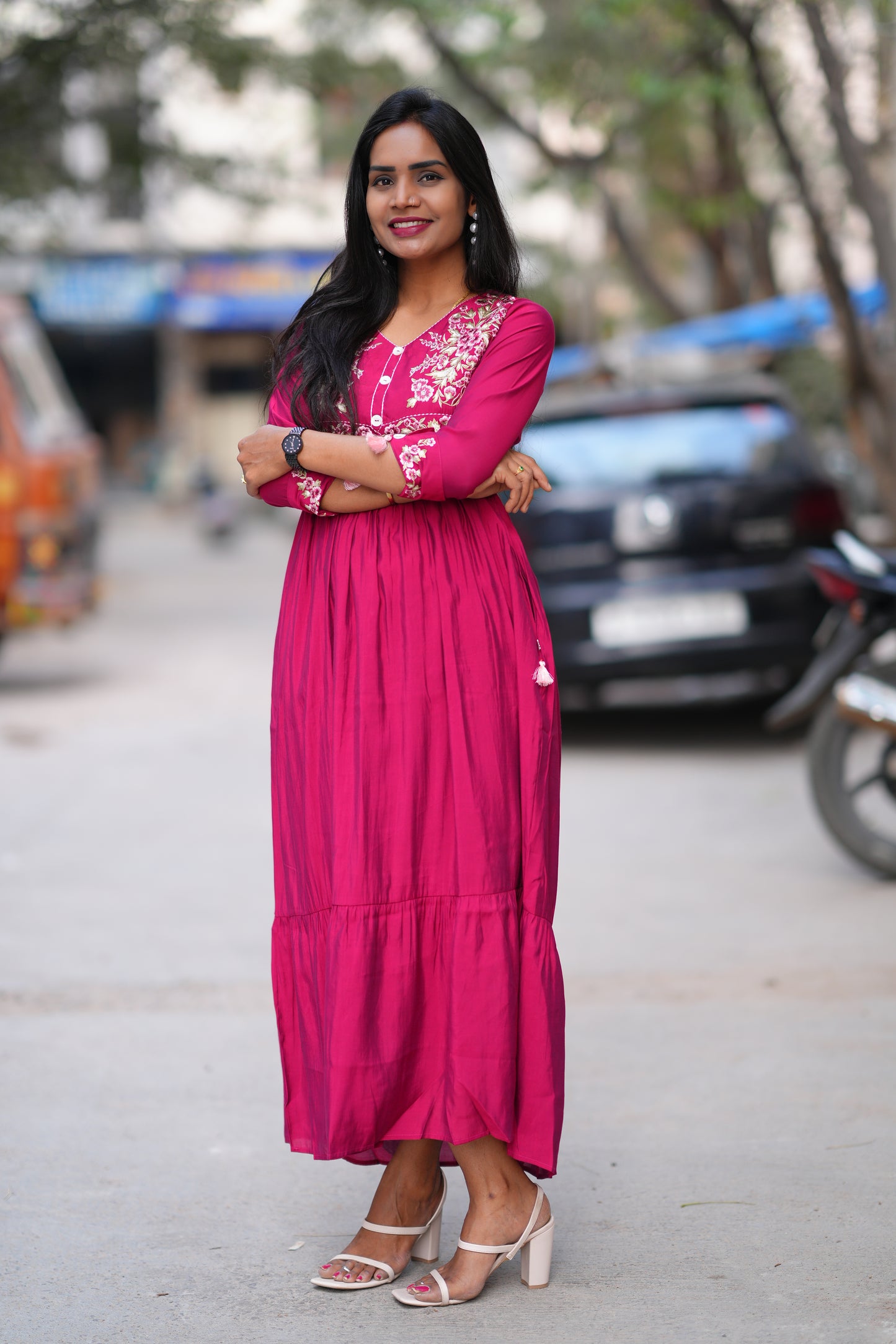 Red Color Viscose Fabric Long Frock With Embroidery Work