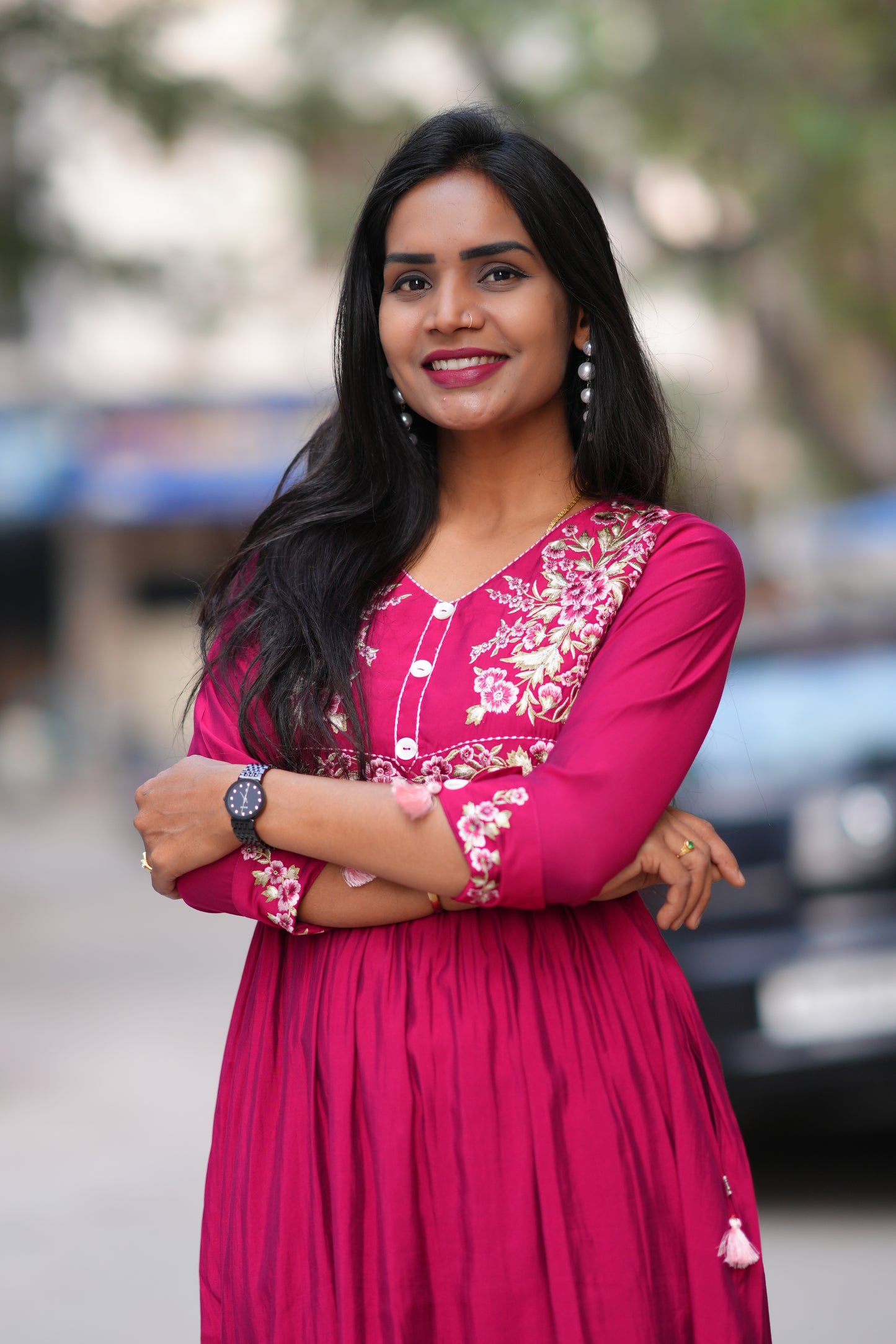 Red Color Viscose Fabric Long Frock With Embroidery Work