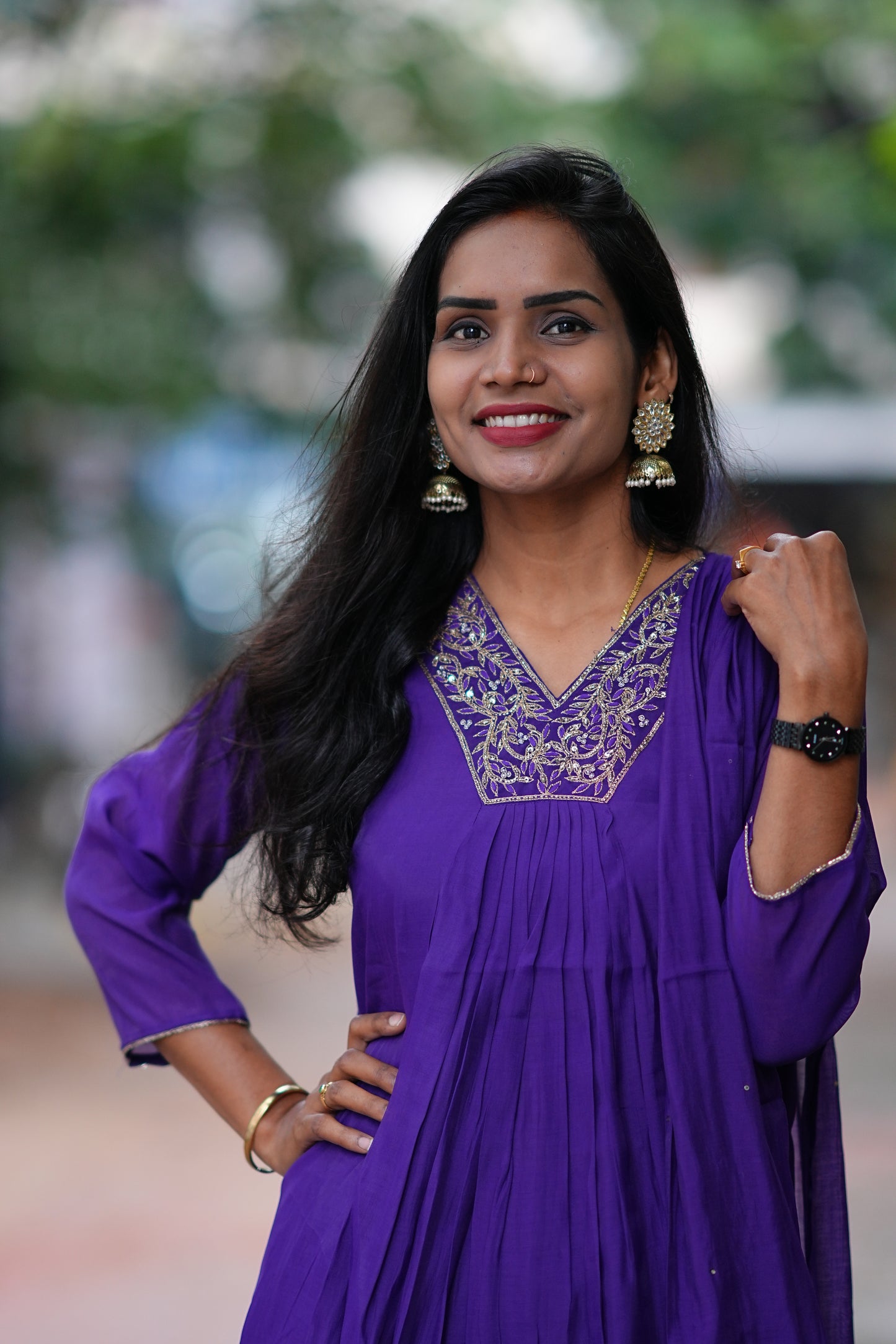 Purple Color Mul Chandheri A Line 3 Piece Set