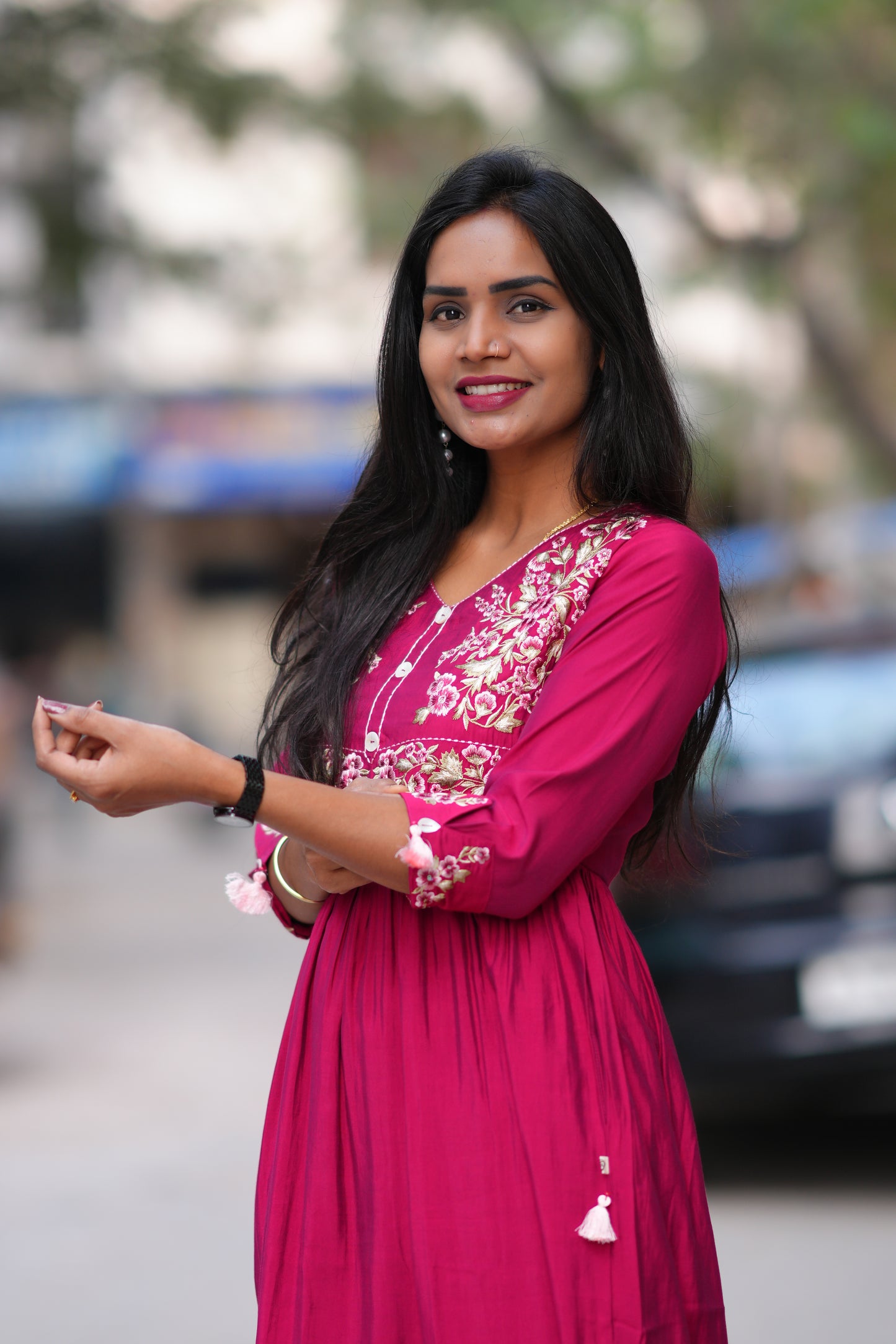 Red Color Viscose Fabric Long Frock With Embroidery Work