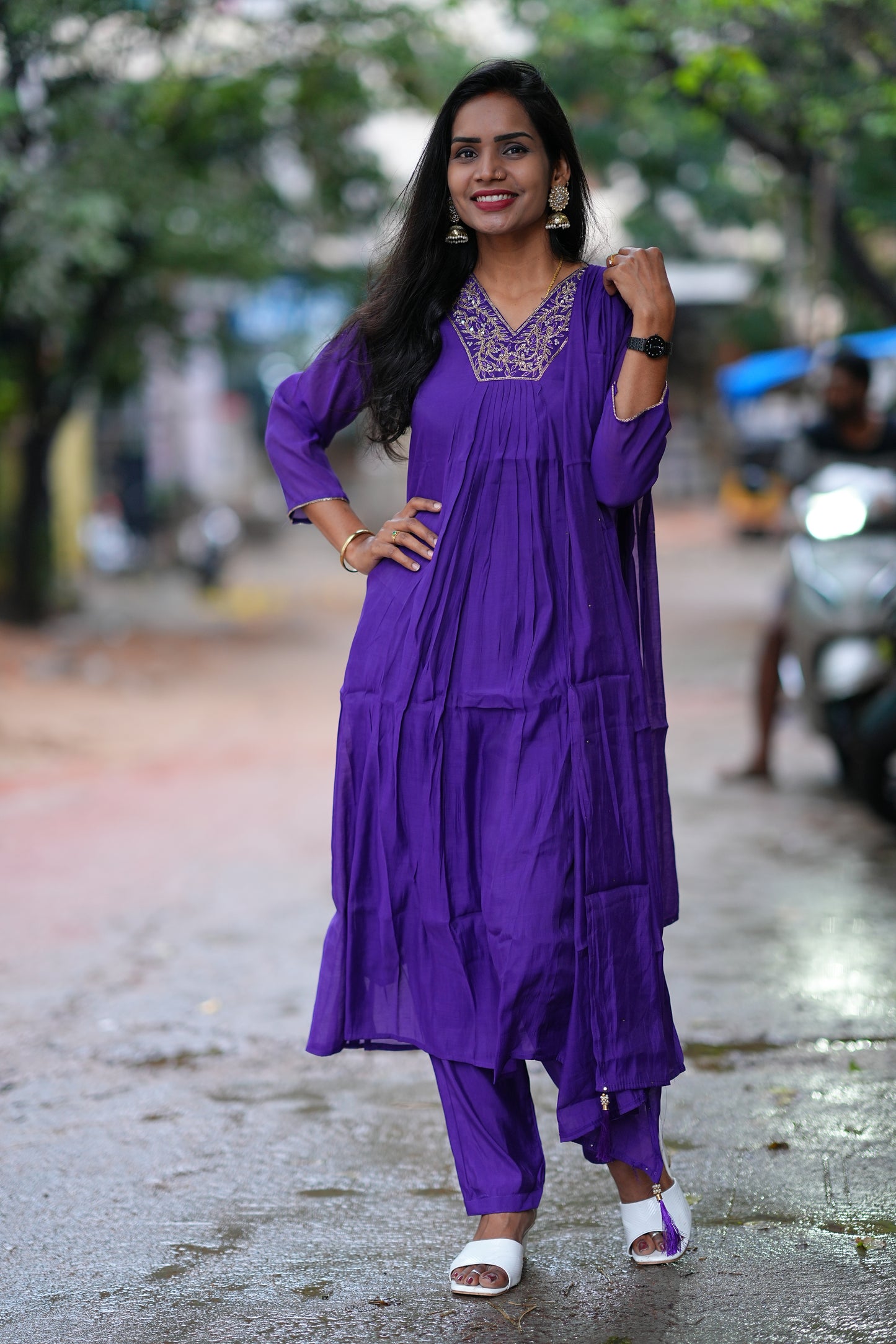 Purple Color Mul Chandheri A Line 3 Piece Set