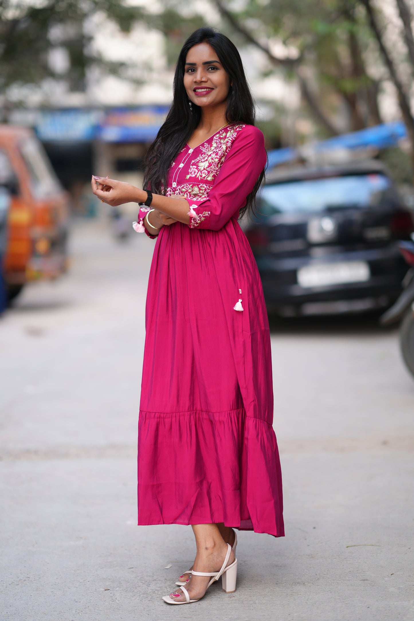 Red Color Viscose Fabric Long Frock With Embroidery Work