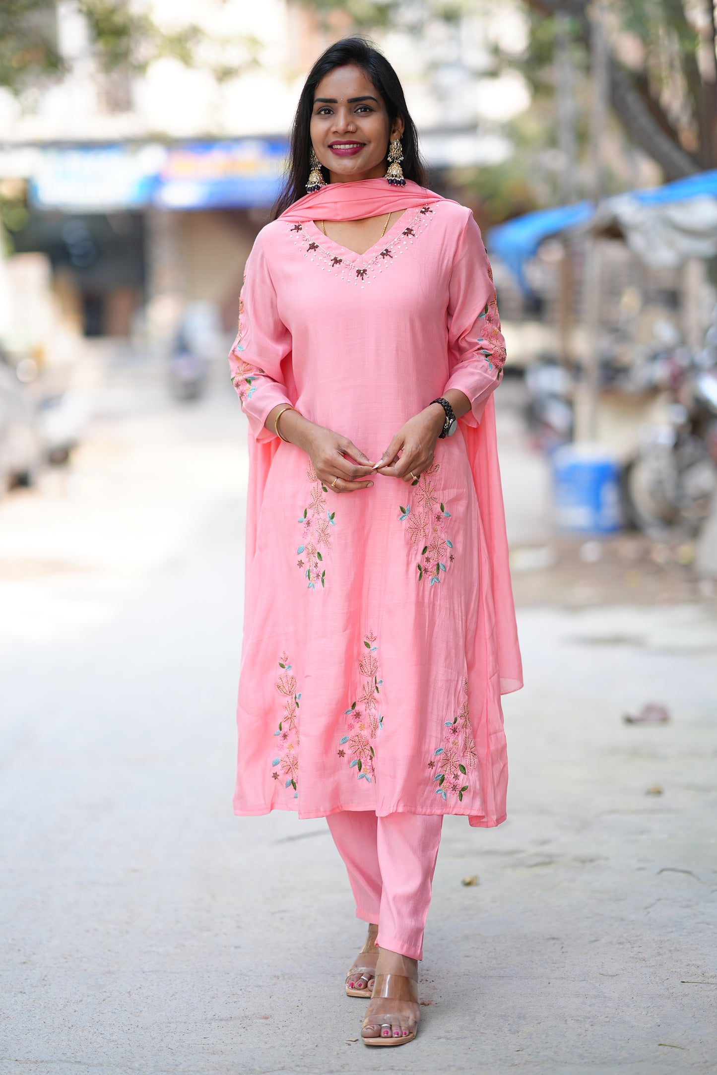 Pink Color Mul Chanderi 3 Festive Wear 3 Piece Set With Full Lining